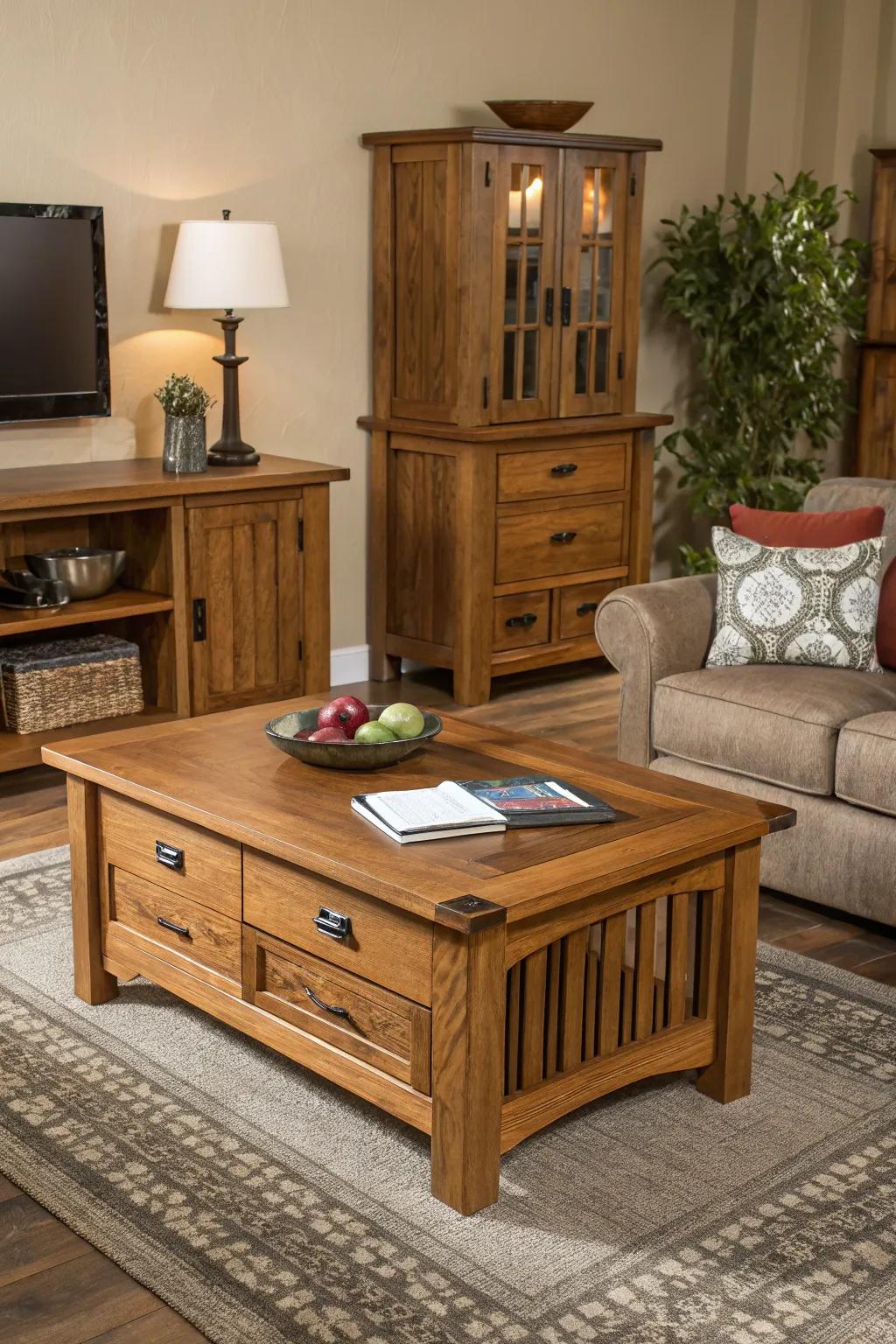 Timber tones add warmth to this European-style living room.