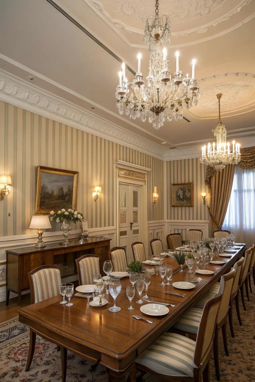 Fabric wallpaper featuring classic stripes exudes timeless elegance.