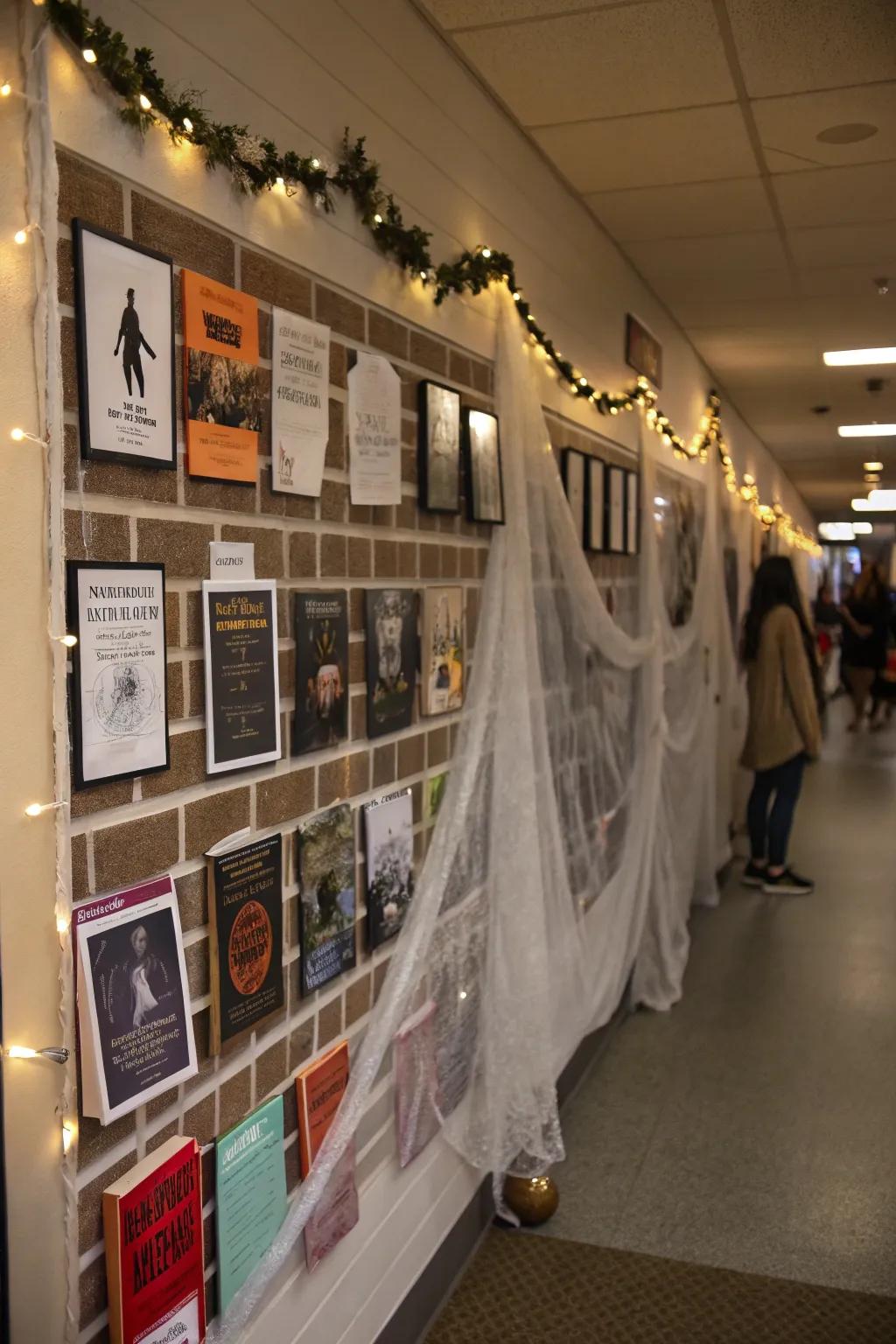 A ghoulish haunted book nook-themed bulletin board.