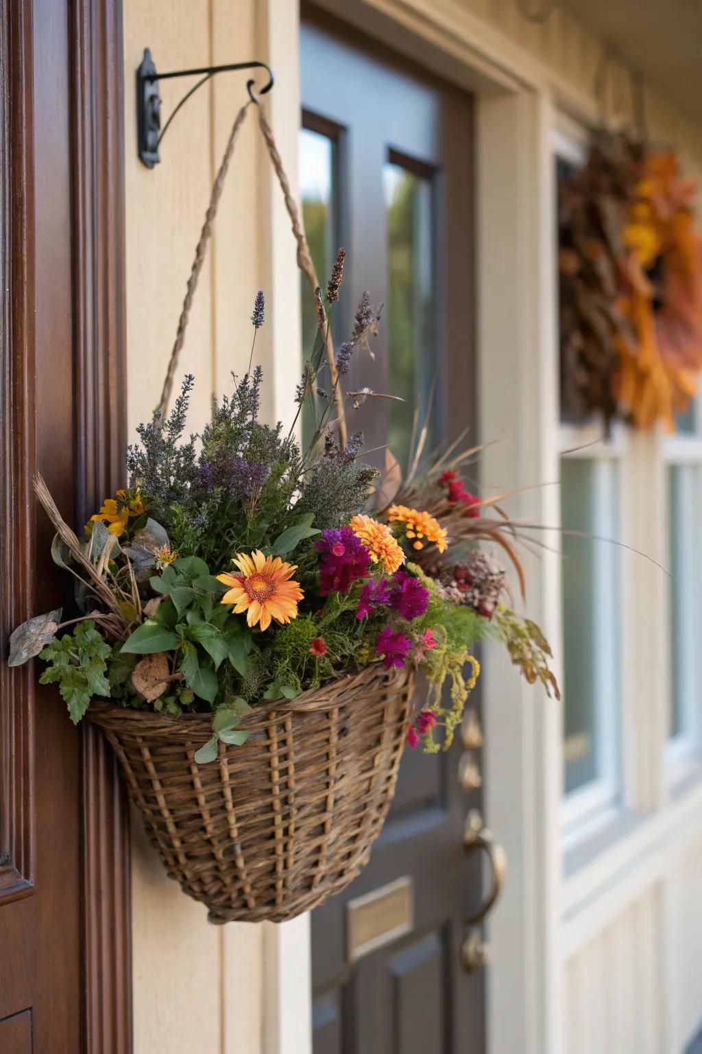 A basket of flowers presents a lively, vibrant substitute for the customary wreath.