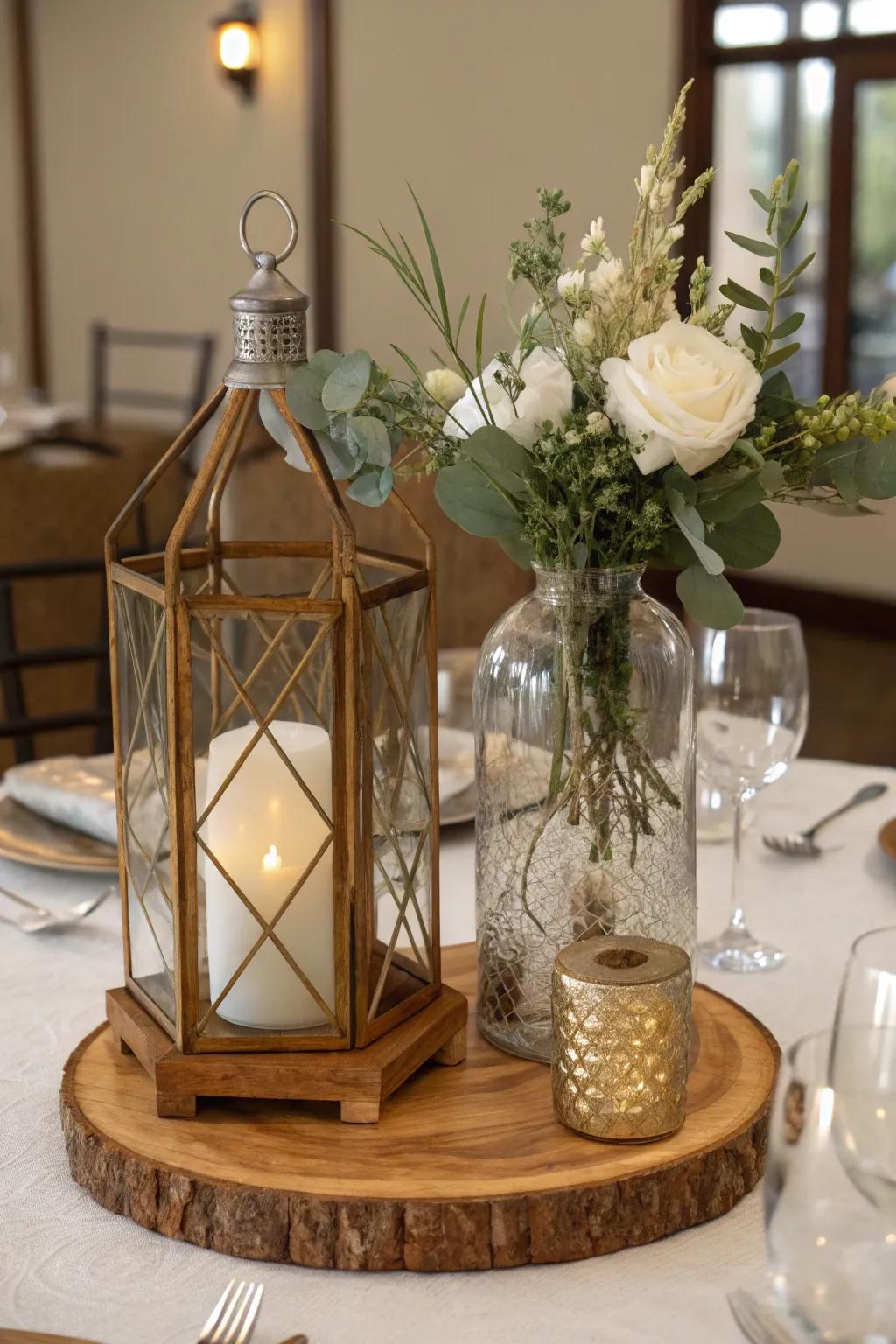 A mix of feels such as wood, glass, and metal adds depth to this fall marriage centerpiece.