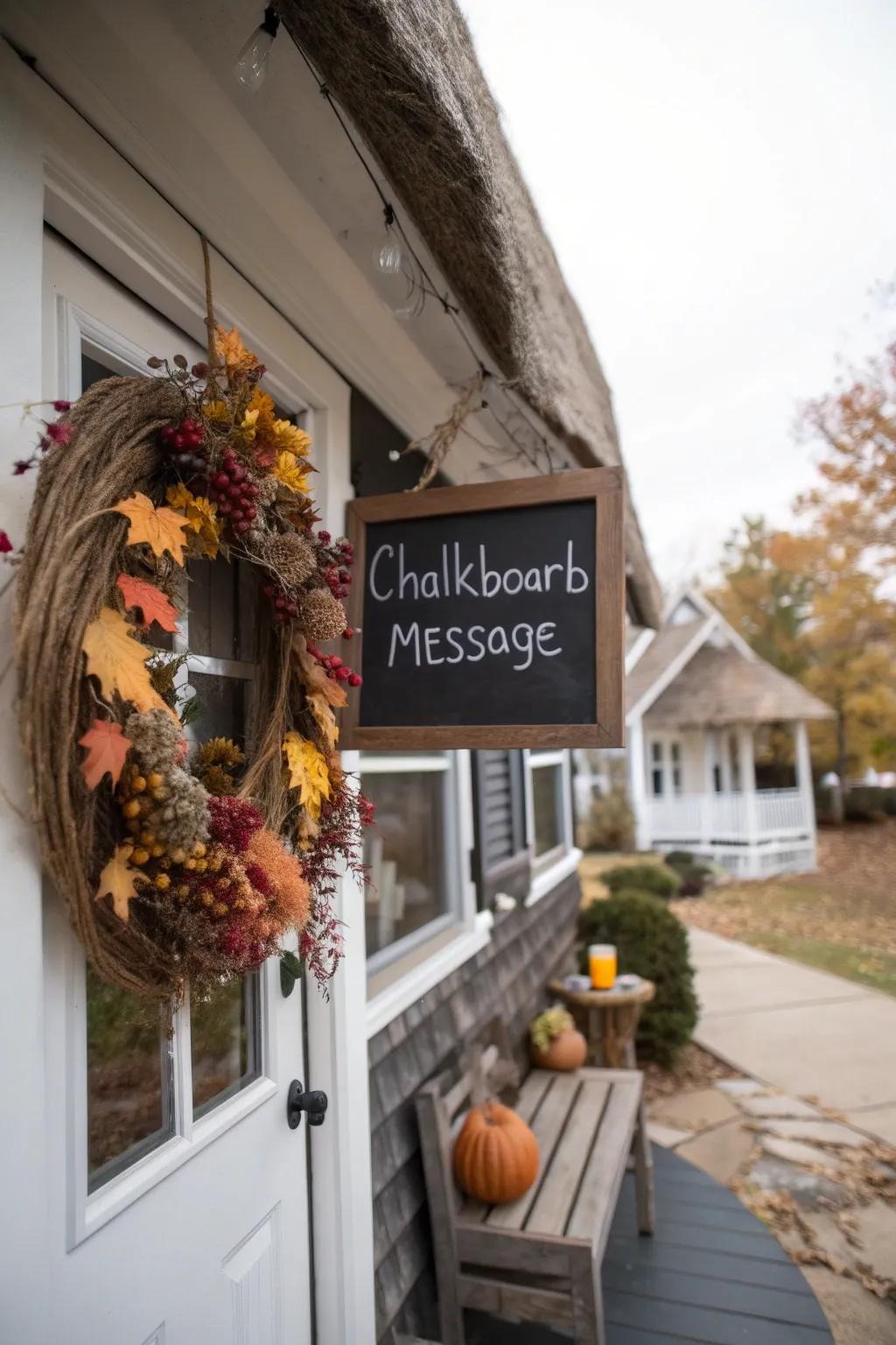 A chalkboard wreath enables you to personalize your seasonal salutations.