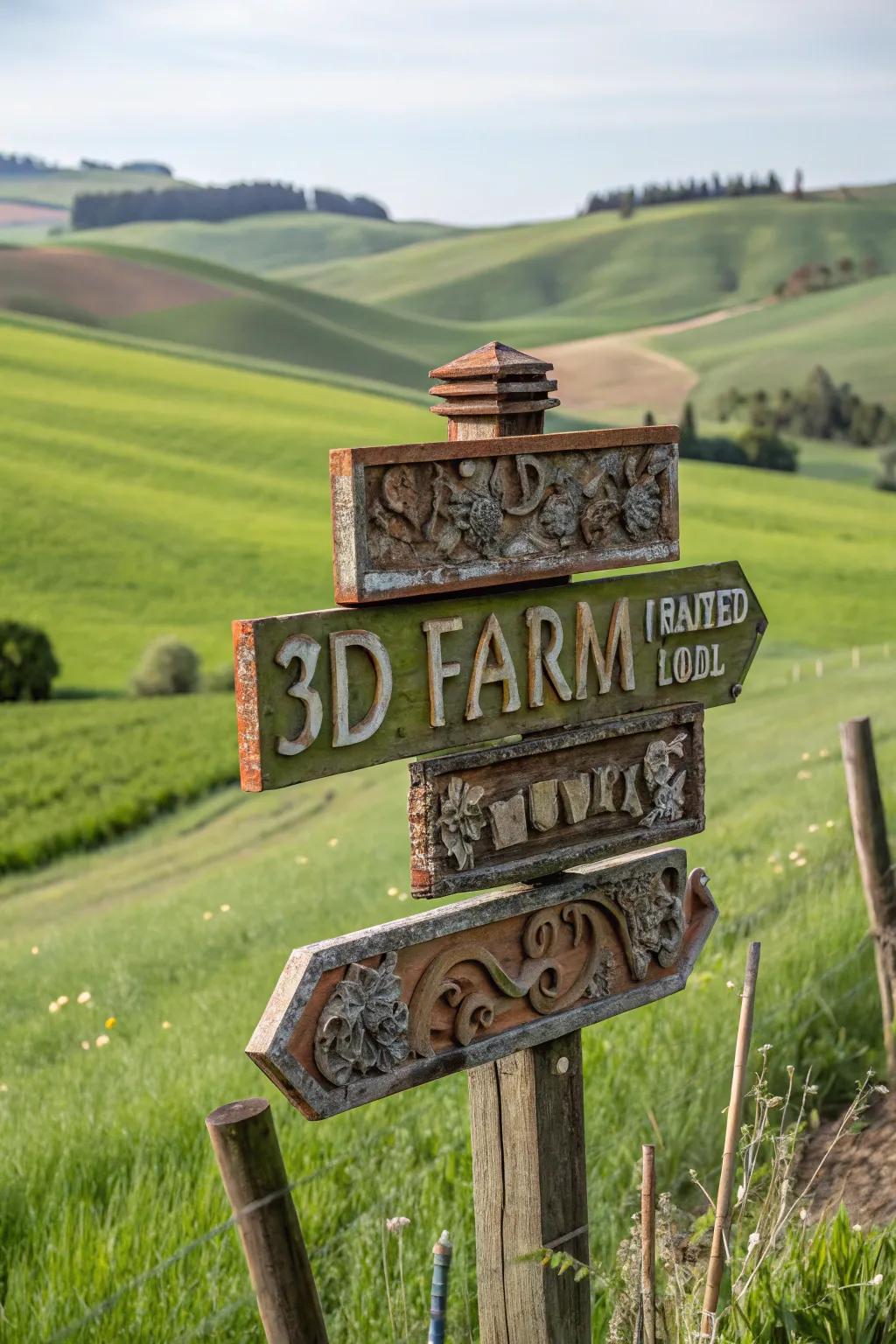 Three-dimensional strata infuse dimension and intrigue into a farm sign.
