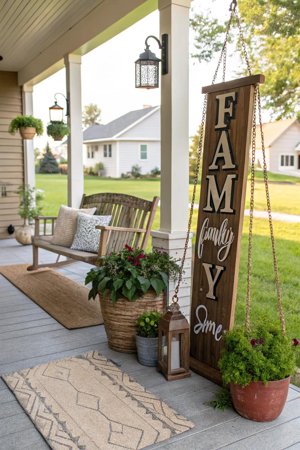 An outdoor surname display contributing charm to a front veranda.
