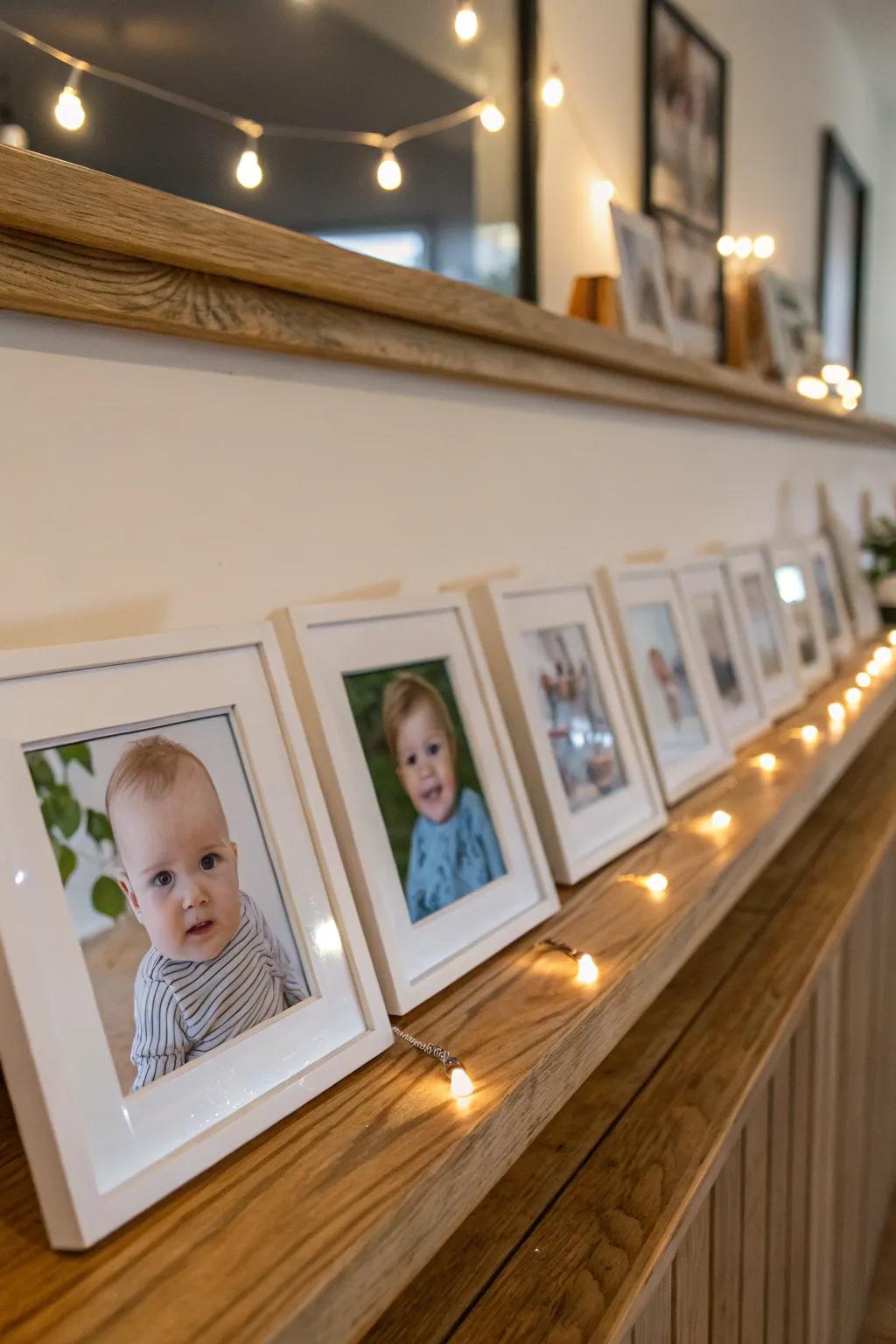 Infant's initial year documented in monthly portrait casings