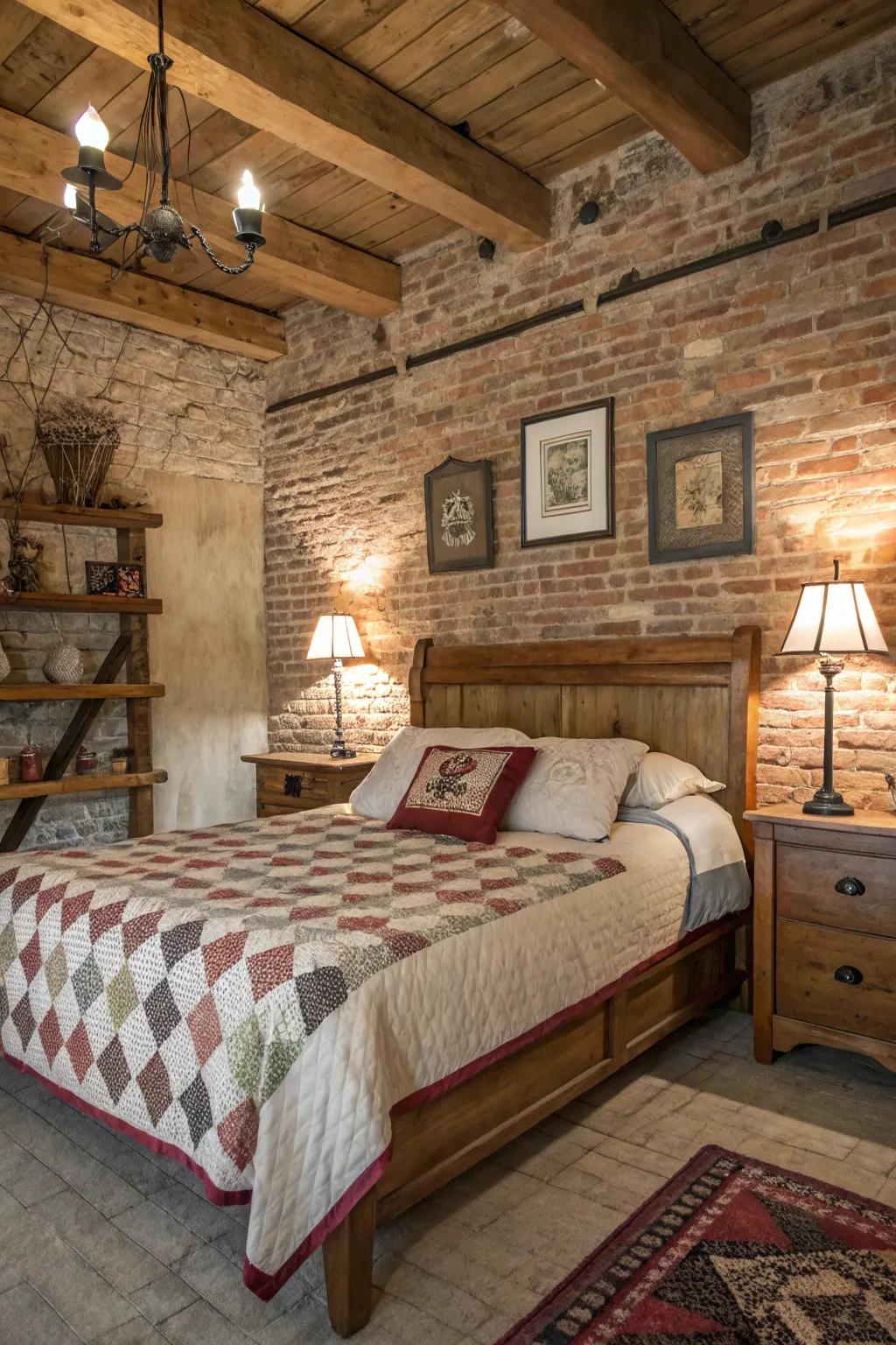 Exposed brick introduces texture and warmth to the bedroom.