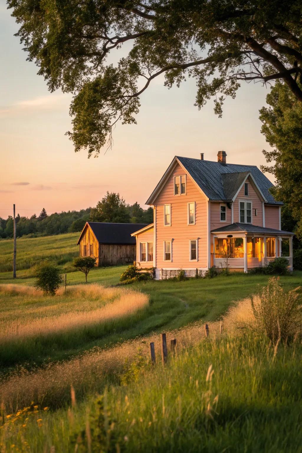 A peach facade imparts warmth and charm to this farmhouse.