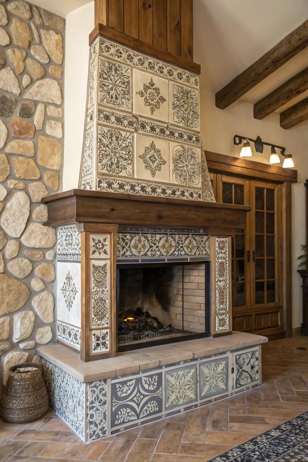 Contrasting sealant imparting theatrical effect to a farmhouse fireplace.