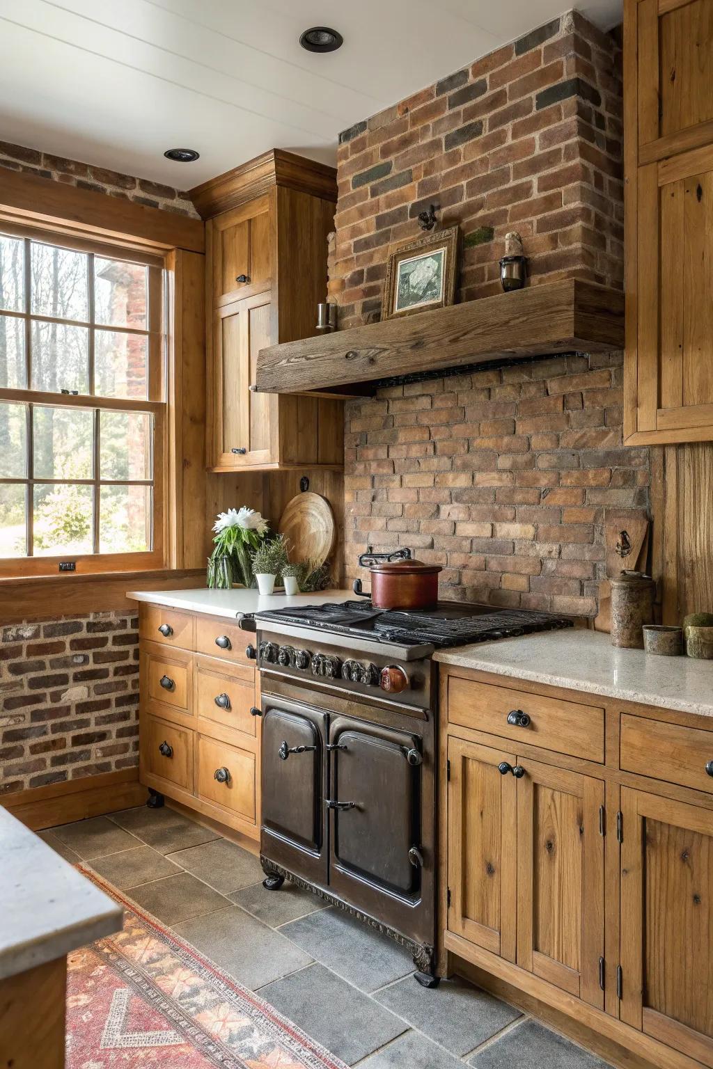 A country-style kitchen featuring a rustic brick and timber combo backsplash.