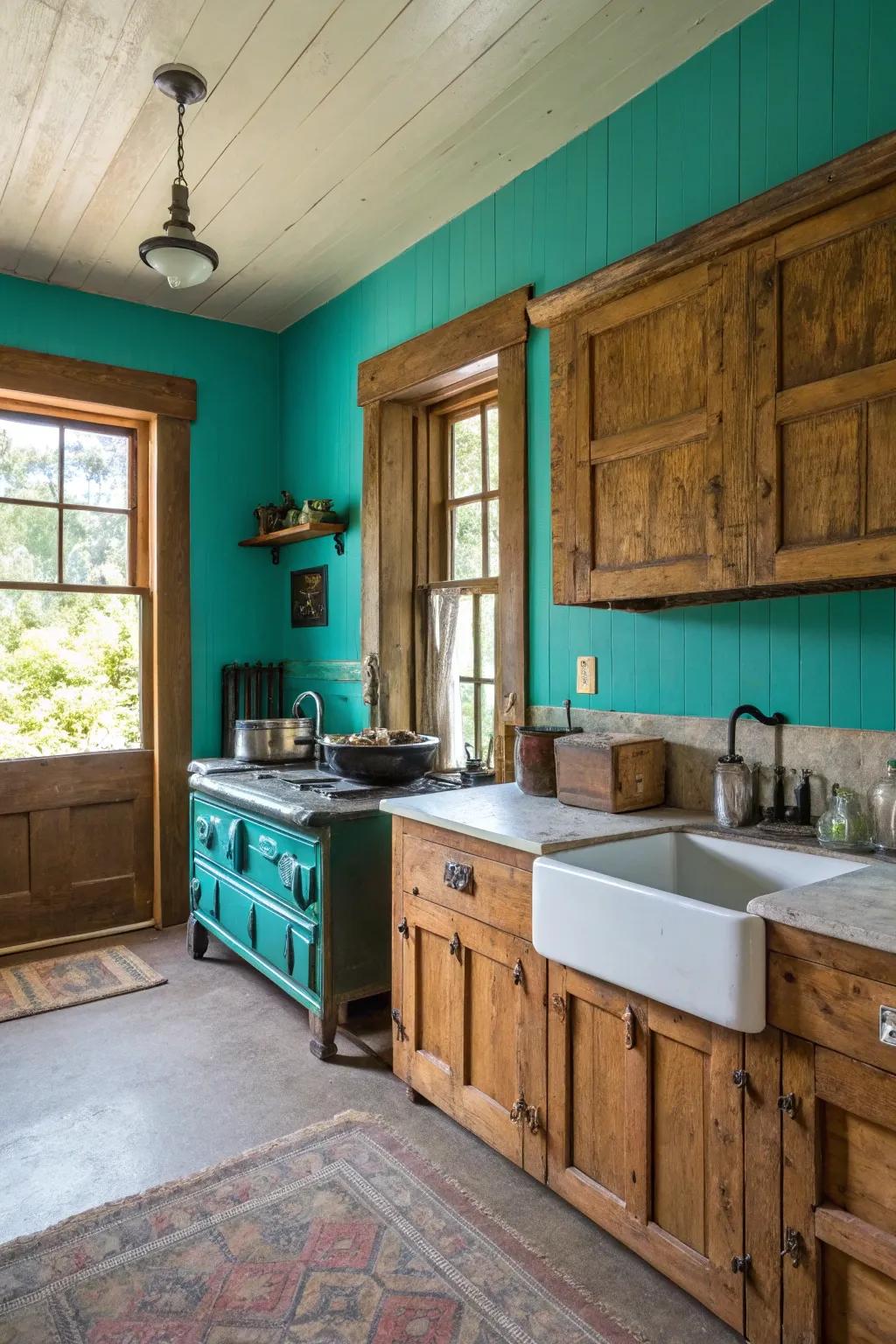 A farmhouse kitchen showcasing prominent teal accent walls.