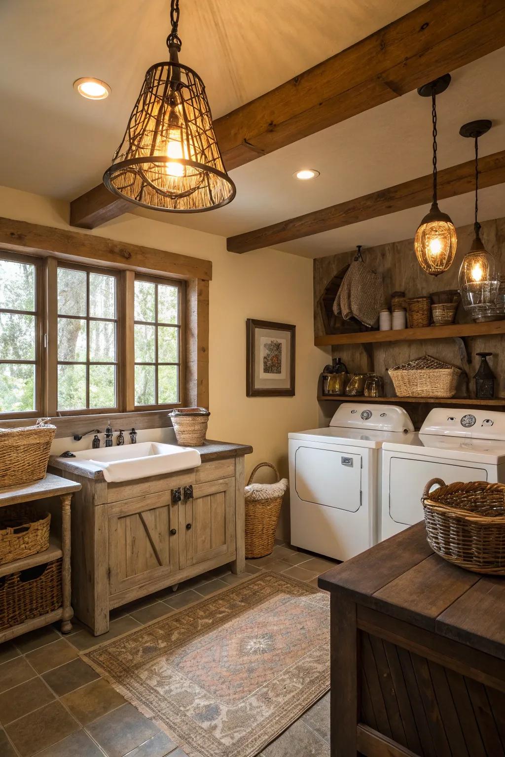 Pendant lighting adds an industrial touch while illuminating this farmhouse laundry area.