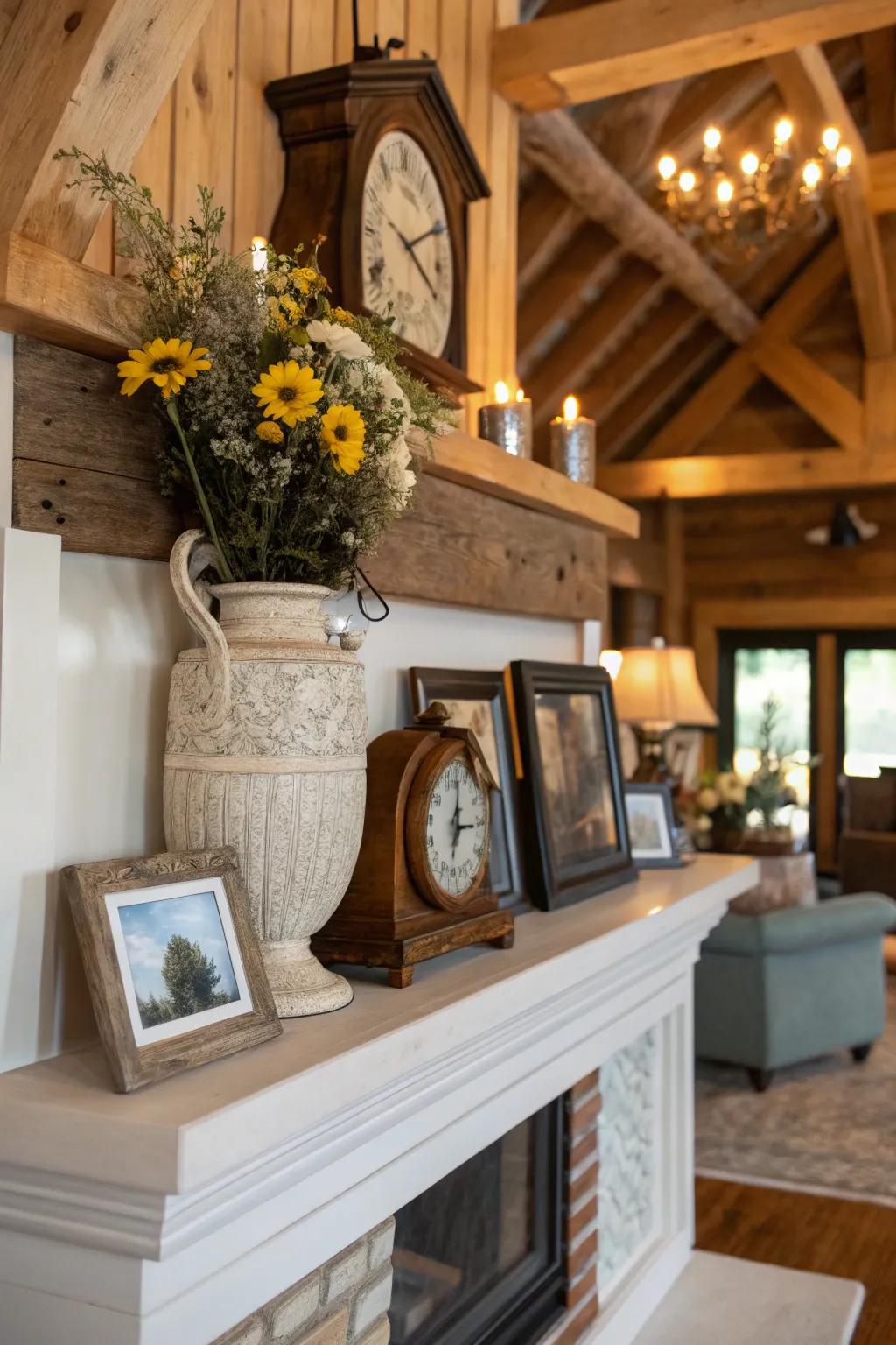 A curated integration of vintage and contemporary aspects generates a singular mantel display.