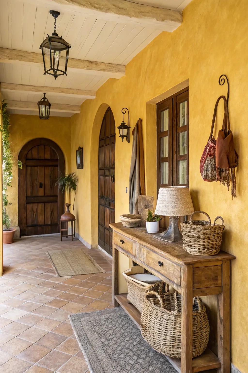 Gilded yellow walls fashion a sunny, welcoming entryway.