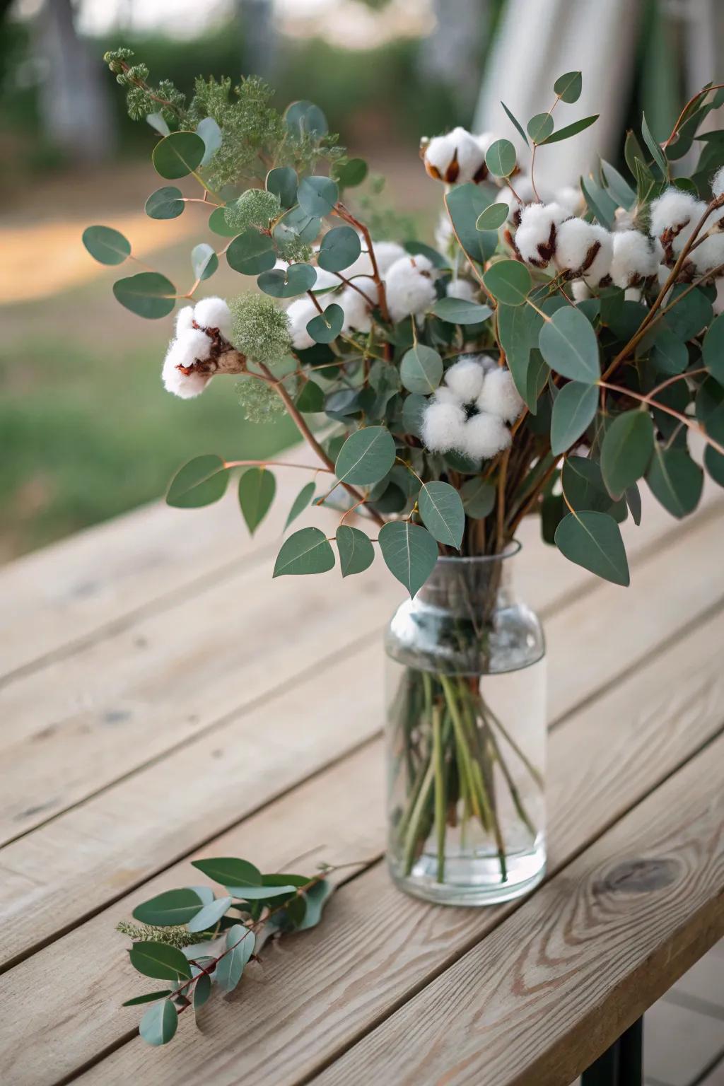 Eucalyptus and cotton stems offer a delicate, organic look to your centerpiece.