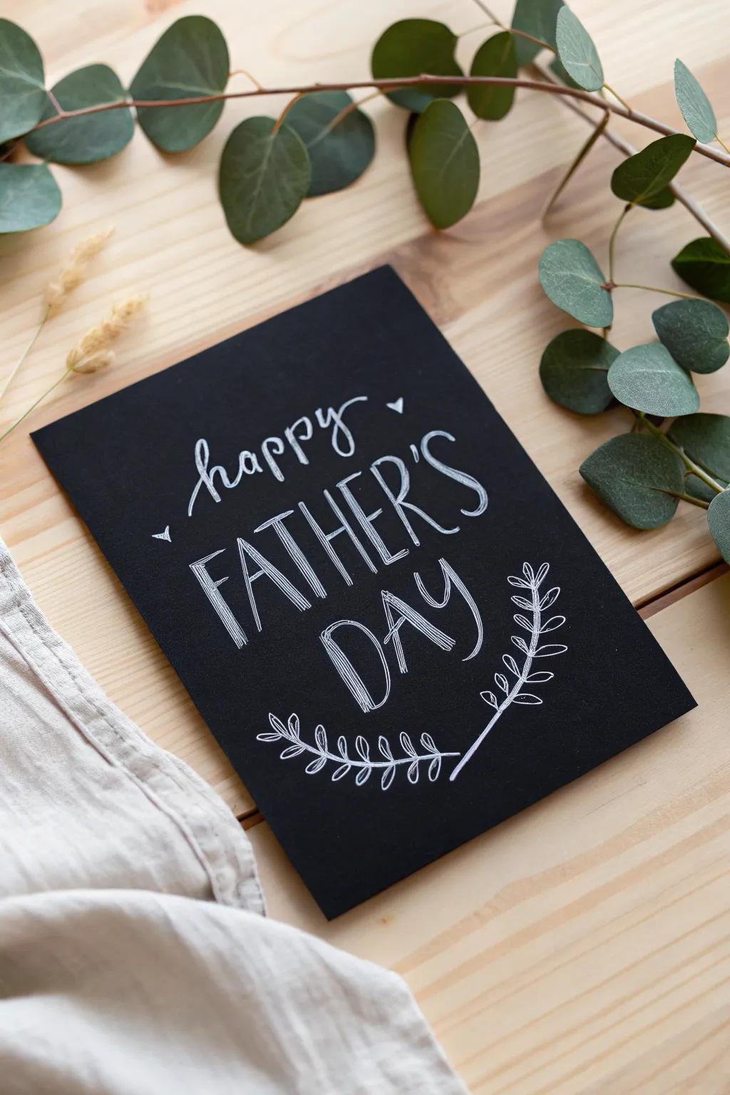 <strong><em>Compose a heartfelt missive with a minimalist nuance: the impeccable Father’s Day card concept.</em></strong>” loading=”lazy” class=”pimg”>
	</picture><figcaption><strong><em>Compose a heartfelt missive with a minimalist nuance: the impeccable Father’s Day card concept.</em></strong></figcaption></figure>
<p>Employ sable pasteboard and a chalky stylus to emulate a chalkboard. It constitutes a straightforward yet chic approach to convey your sentiment, and I admire its evocation of a bygone scholastic era.</p>
<h3>Check these products out:</h3>
<ul class=