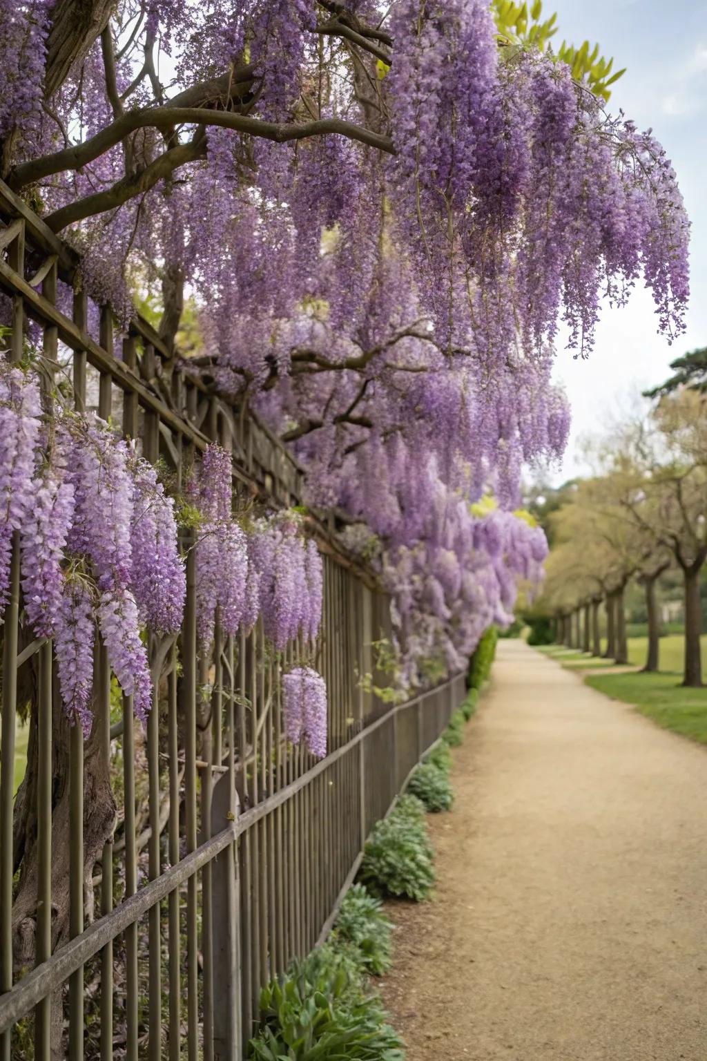 Wisteria engenders a fairy tale setting via its blossoms.