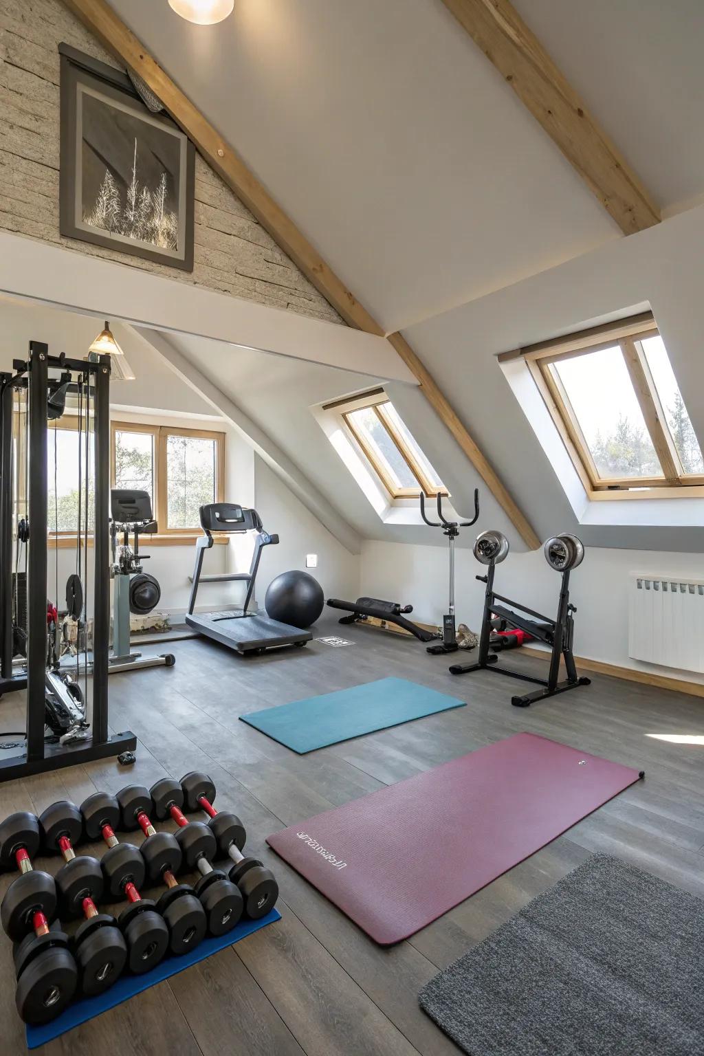 A private fitness loft in the attic for an isolated workout session.
