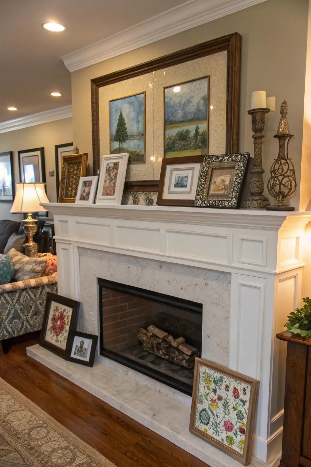 An eclectic artistic display transforming the mantel into a personal gallery.