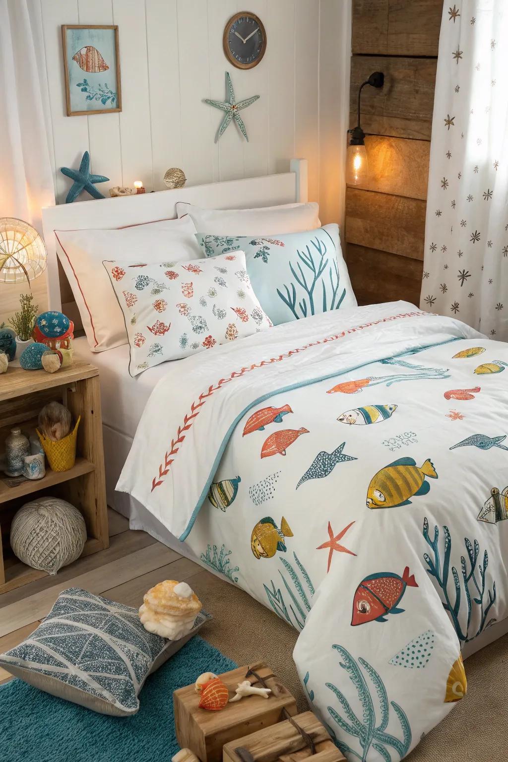 Fish-imprinted linens append a playful element to your sleep space.