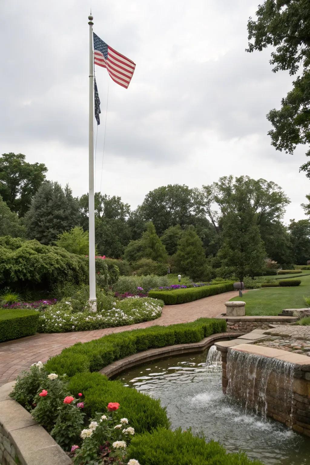 Water displays contribute serenity and sophistication to flagpole vicinities.
