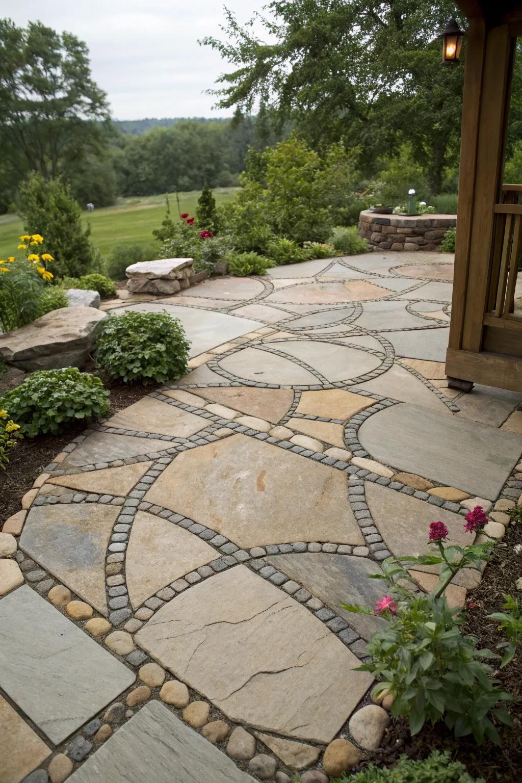 An artistic flagstone patio showcasing inventive designs.