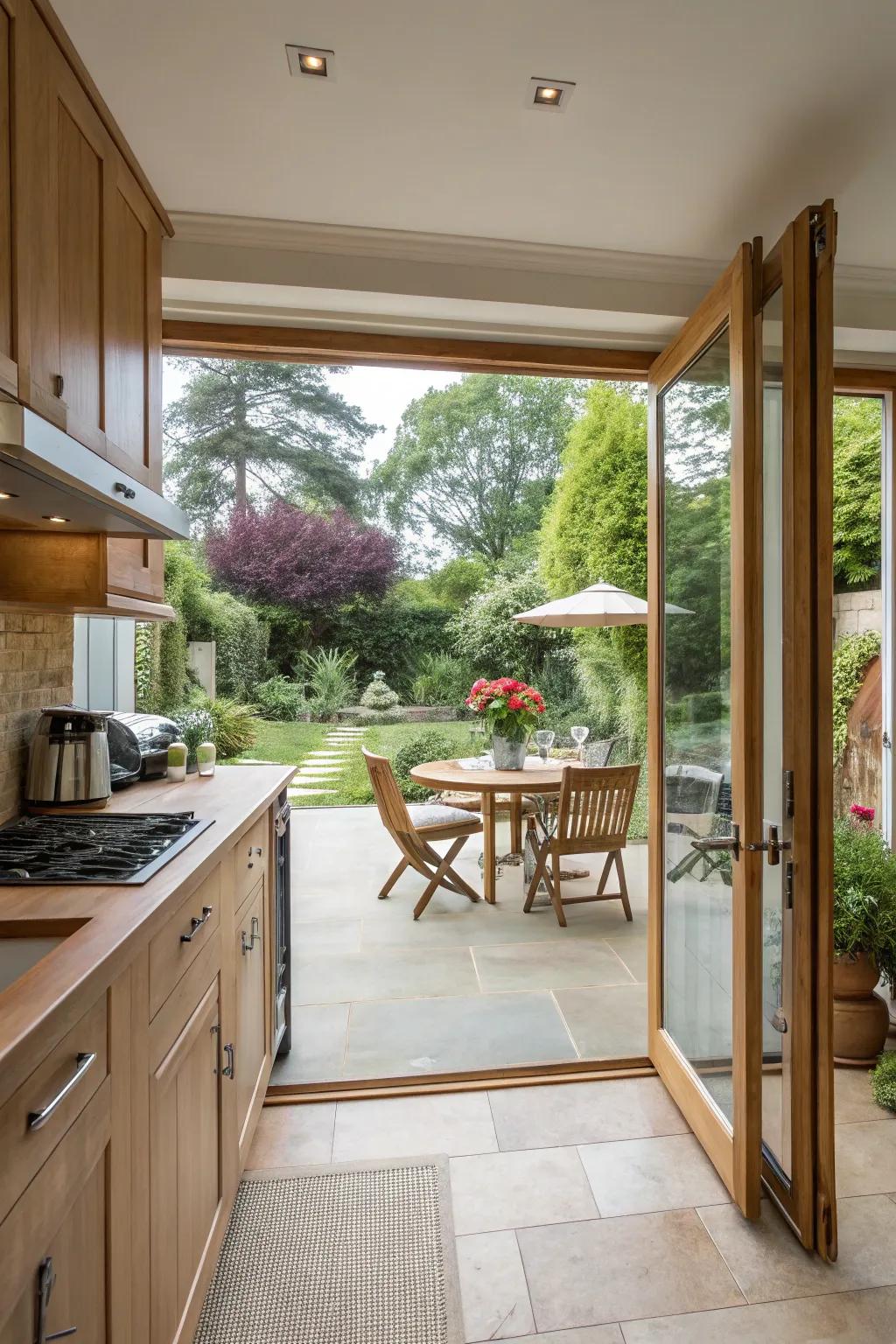 A smooth transition linking internal and external spaces within the cooking area.