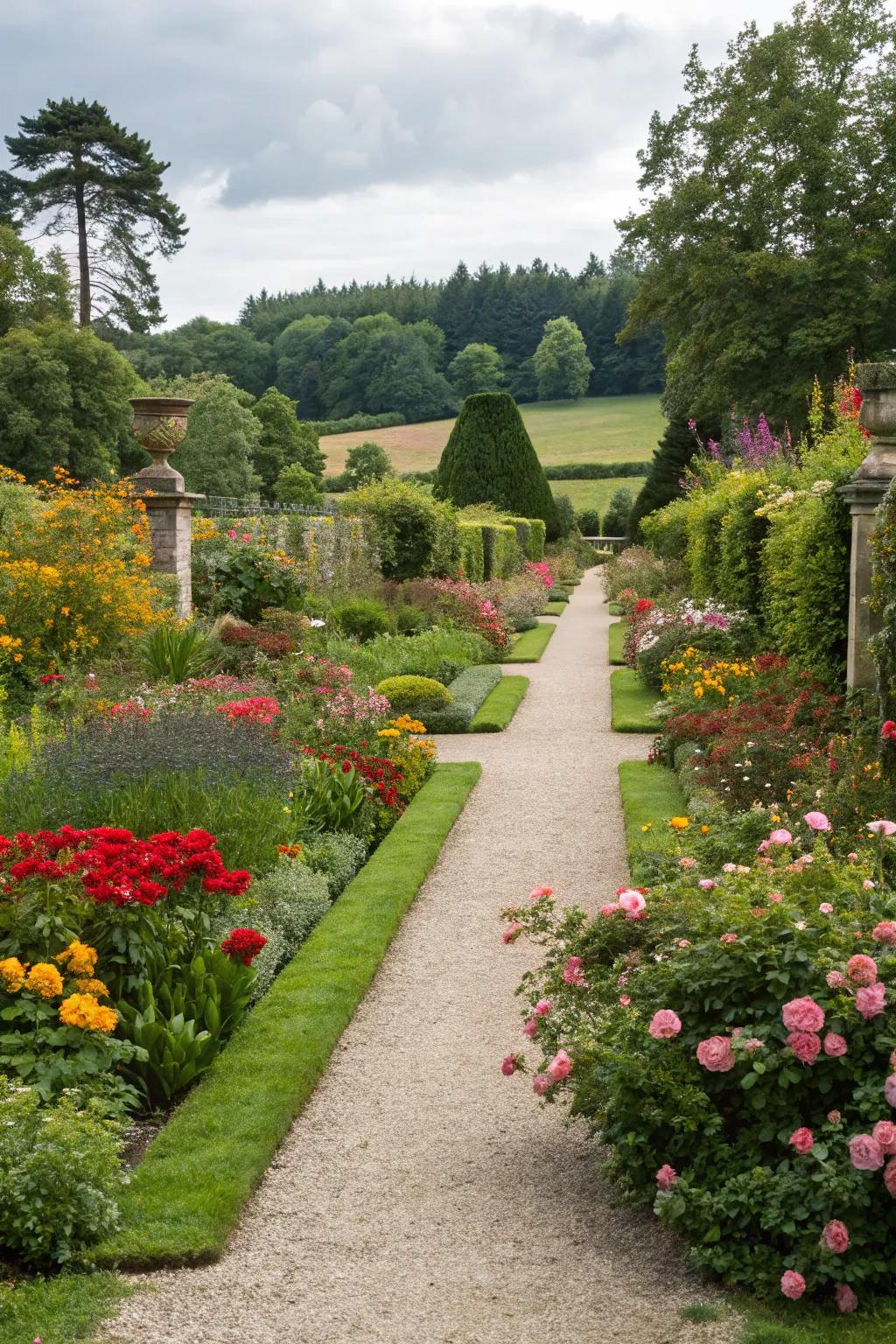 A Mediterranean-inspired floral border featuring gravel paths and lively blossoms.
