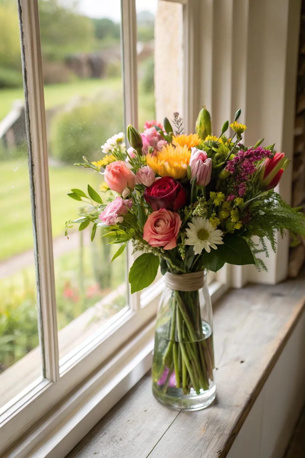 An eco-friendly bouquet showcasing sustainability and beauty on a windowsill.