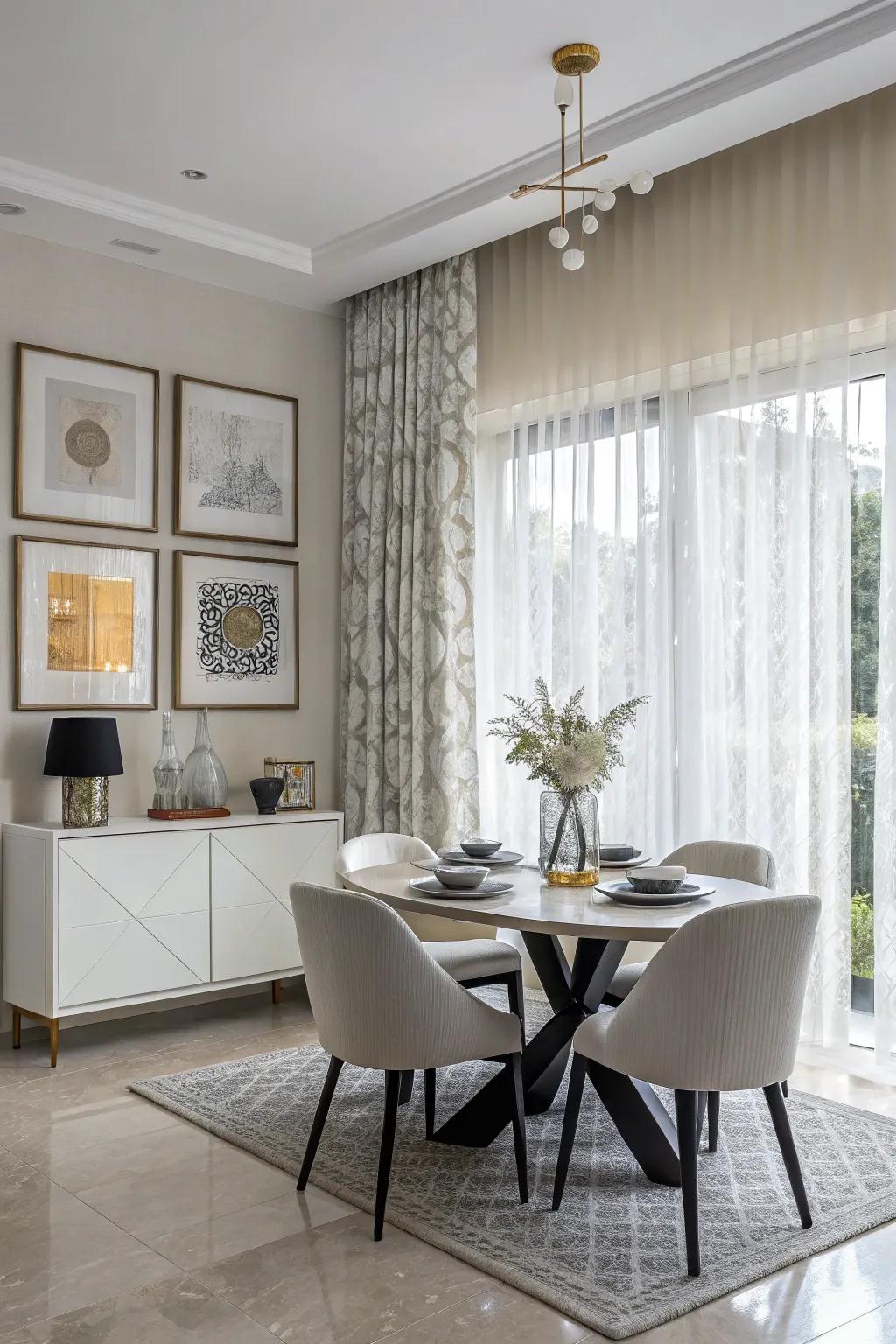 Minimalist grommet drapes provide a streamlined look in this modern dining area.