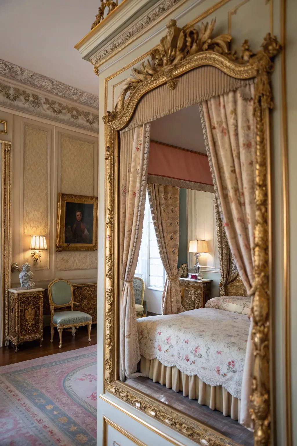 Mirrors in decorative frames amplify illumination and sophistication in the French bedroom.