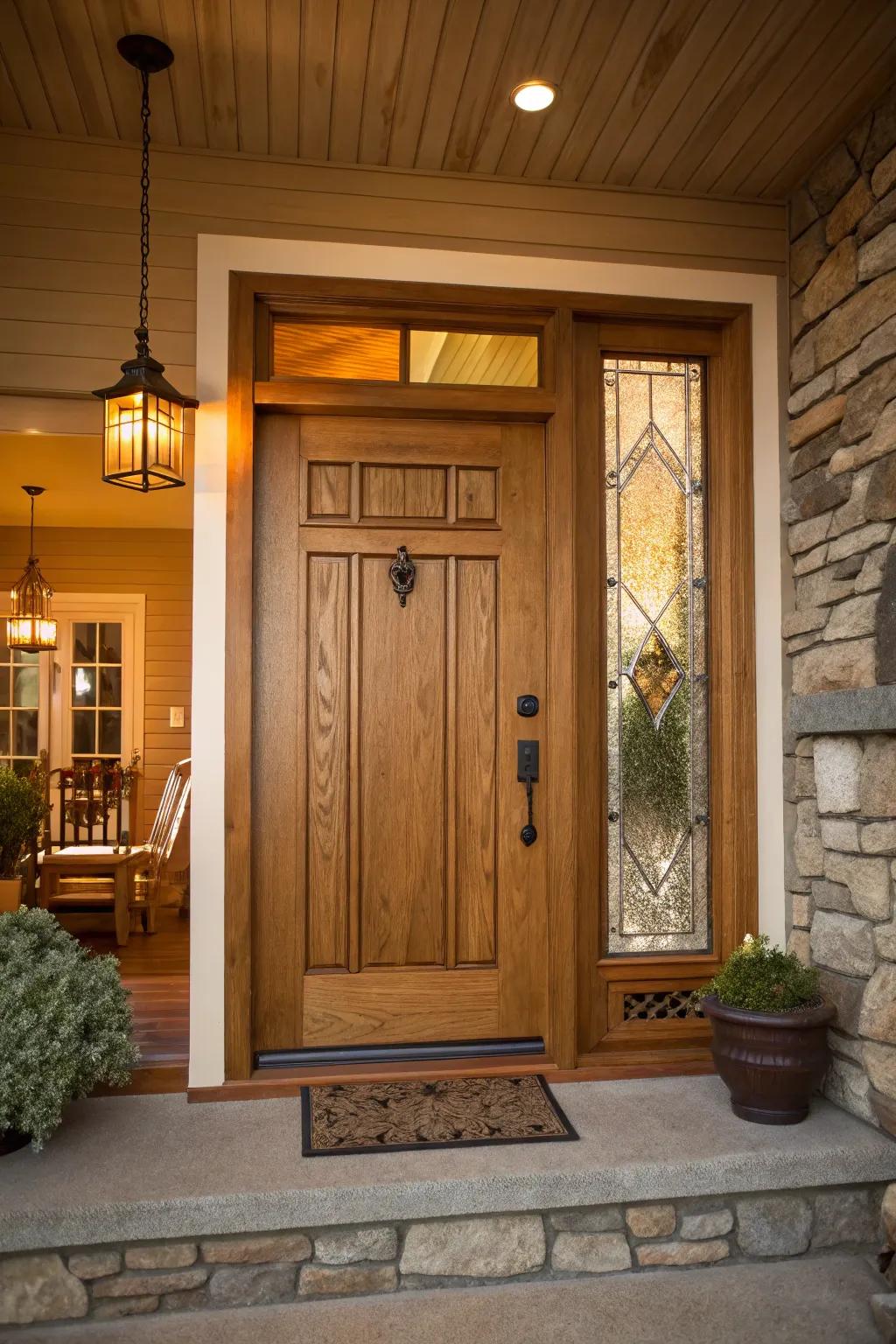 Cozy woodgrain textures for an inviting and warm entrance.