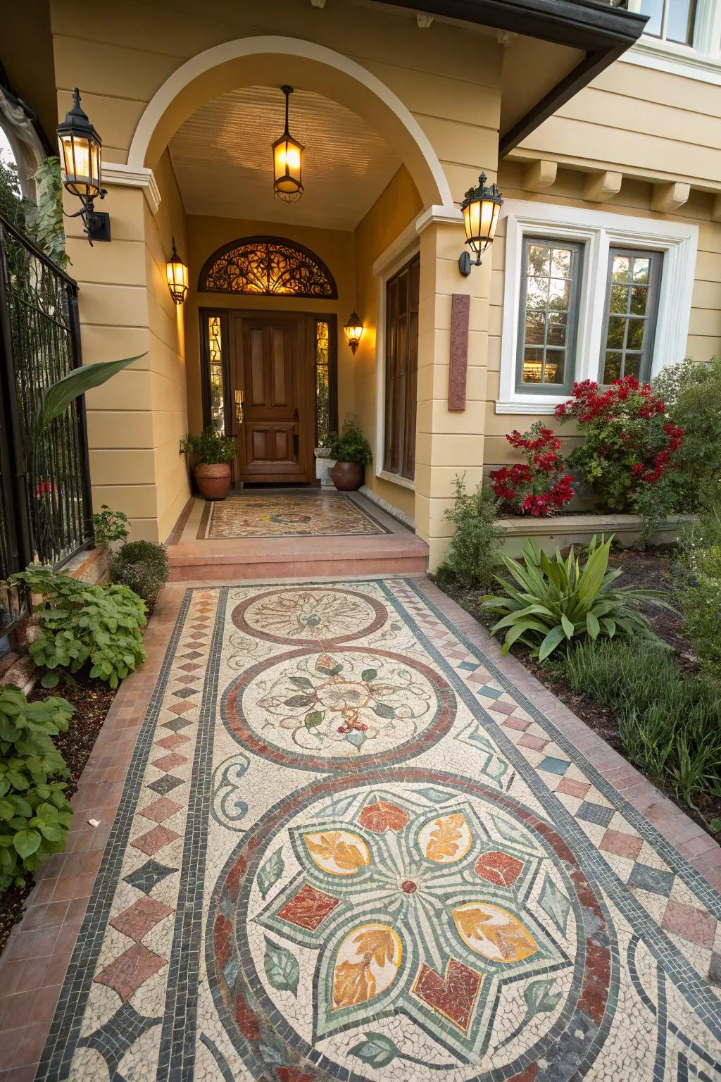 Artistic mosaic pavers culminating in a creative entrance.