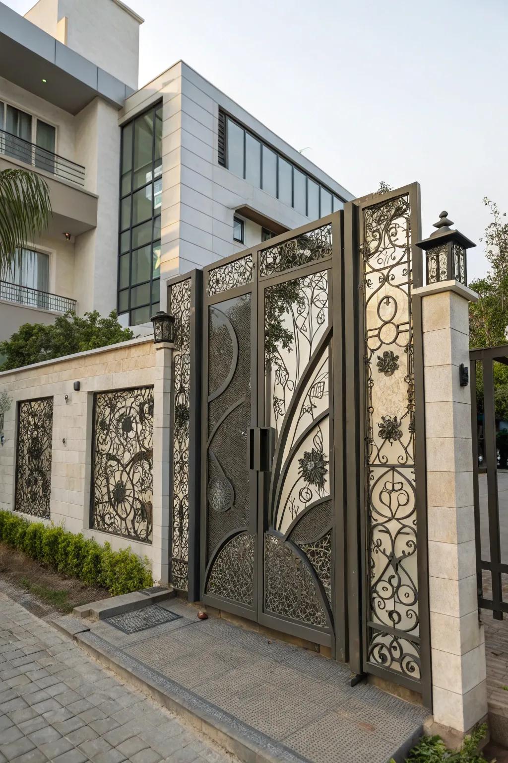 Artistic metalwork transforms gates into creative declarations.