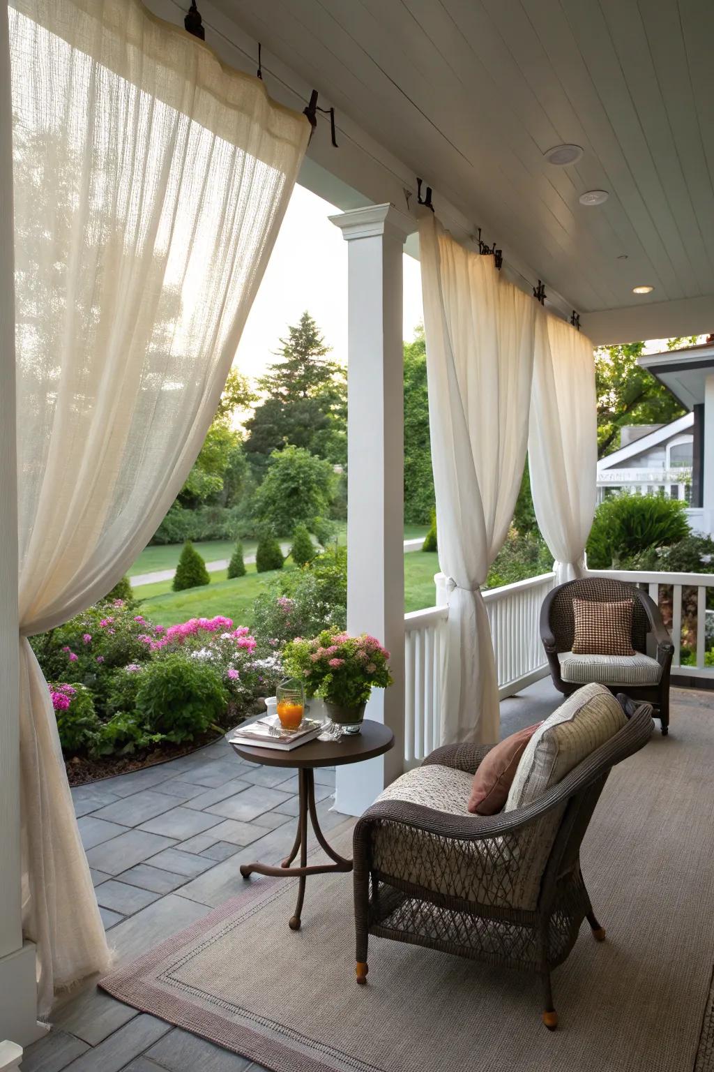 Your porch gains seclusion and beauty from outdoor drapes.