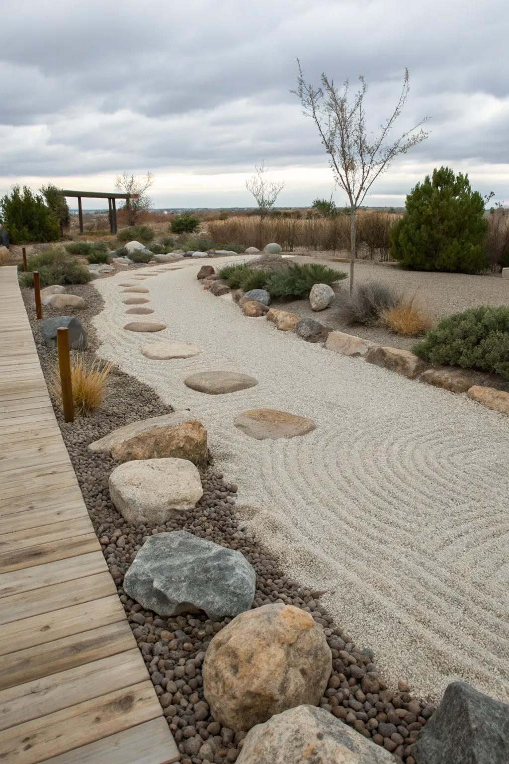 Zen garden elements contribute serenity to your dry creek bed landscape.