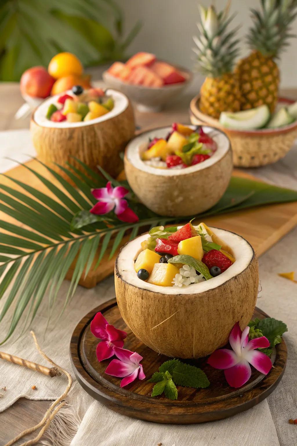 Coconut fruit chalices append an exotic and ecologically mindful nuance.
