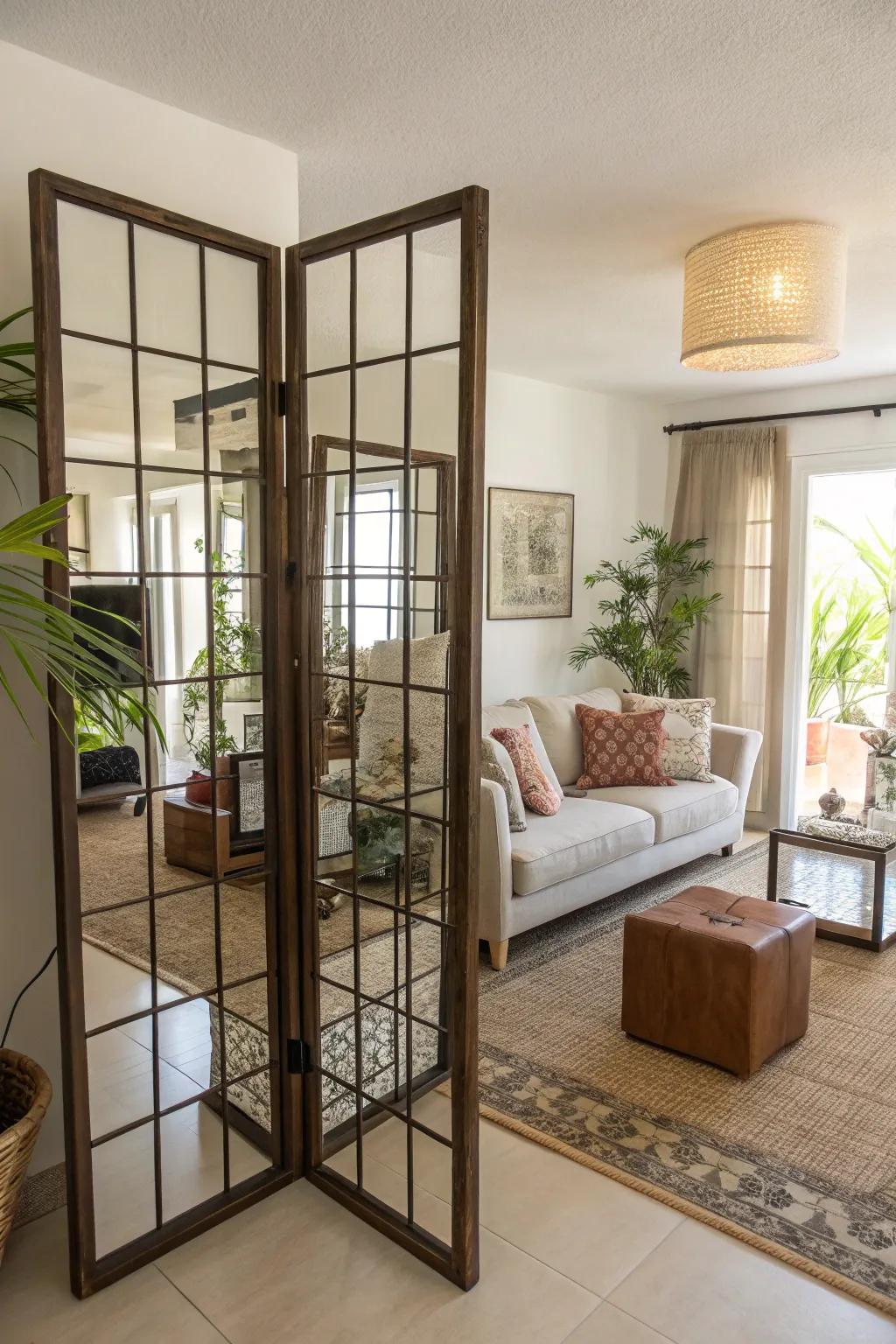 Mirrors in room dividers enhance both style and function.