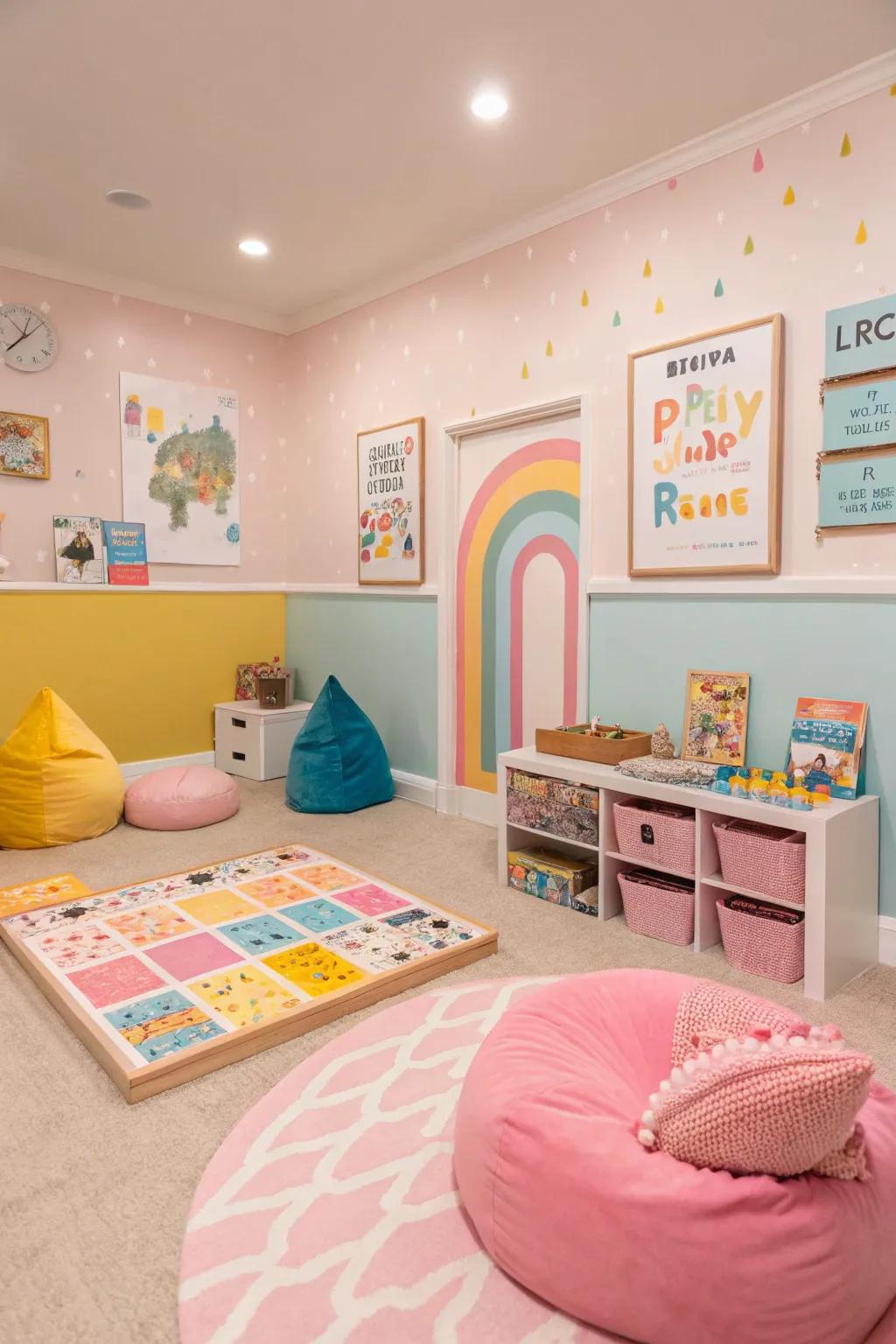 Soft hues bring a playful and lighthearted atmosphere to the game room.