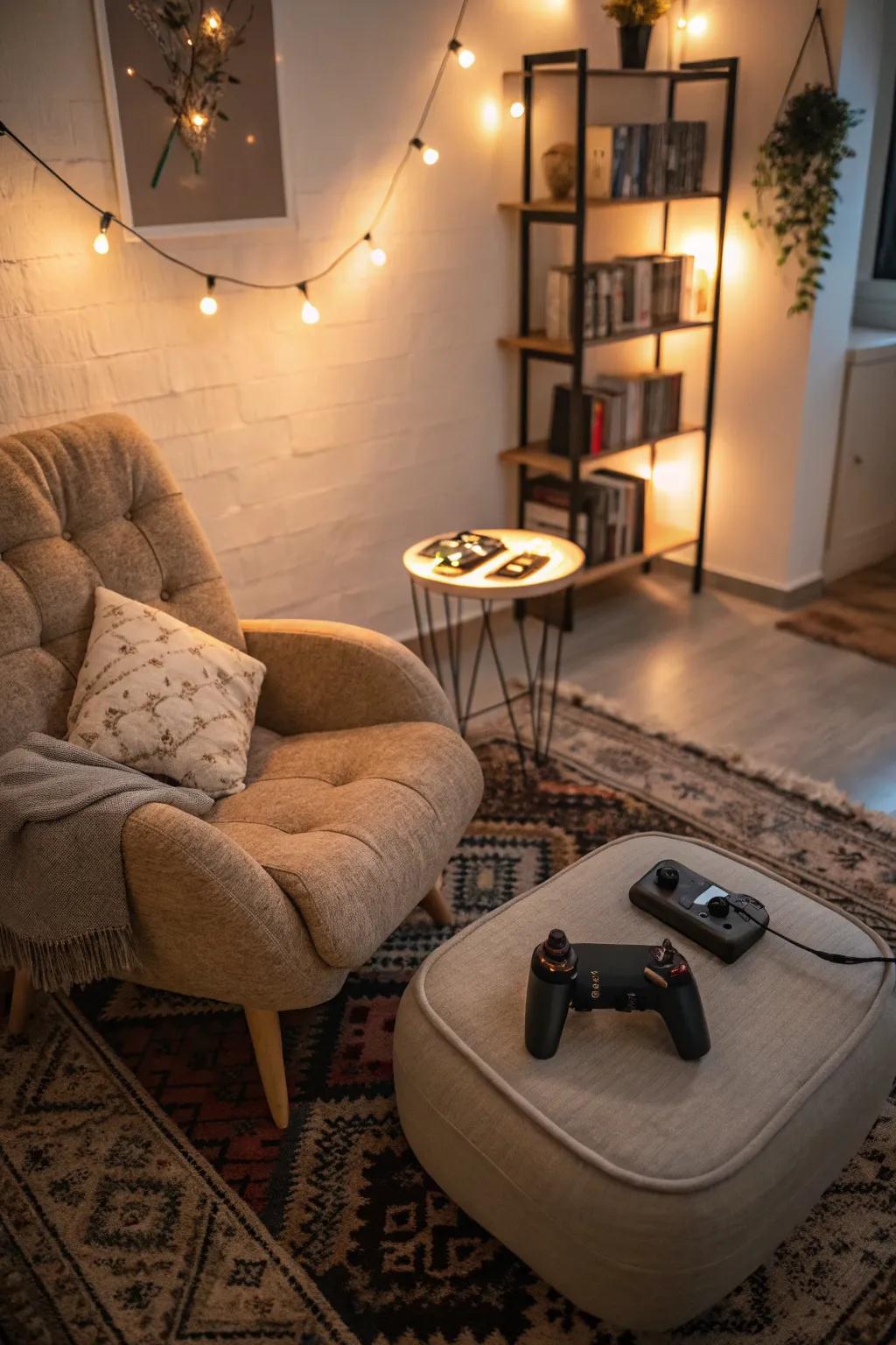 A relaxing retreat provides ease amidst gaming.