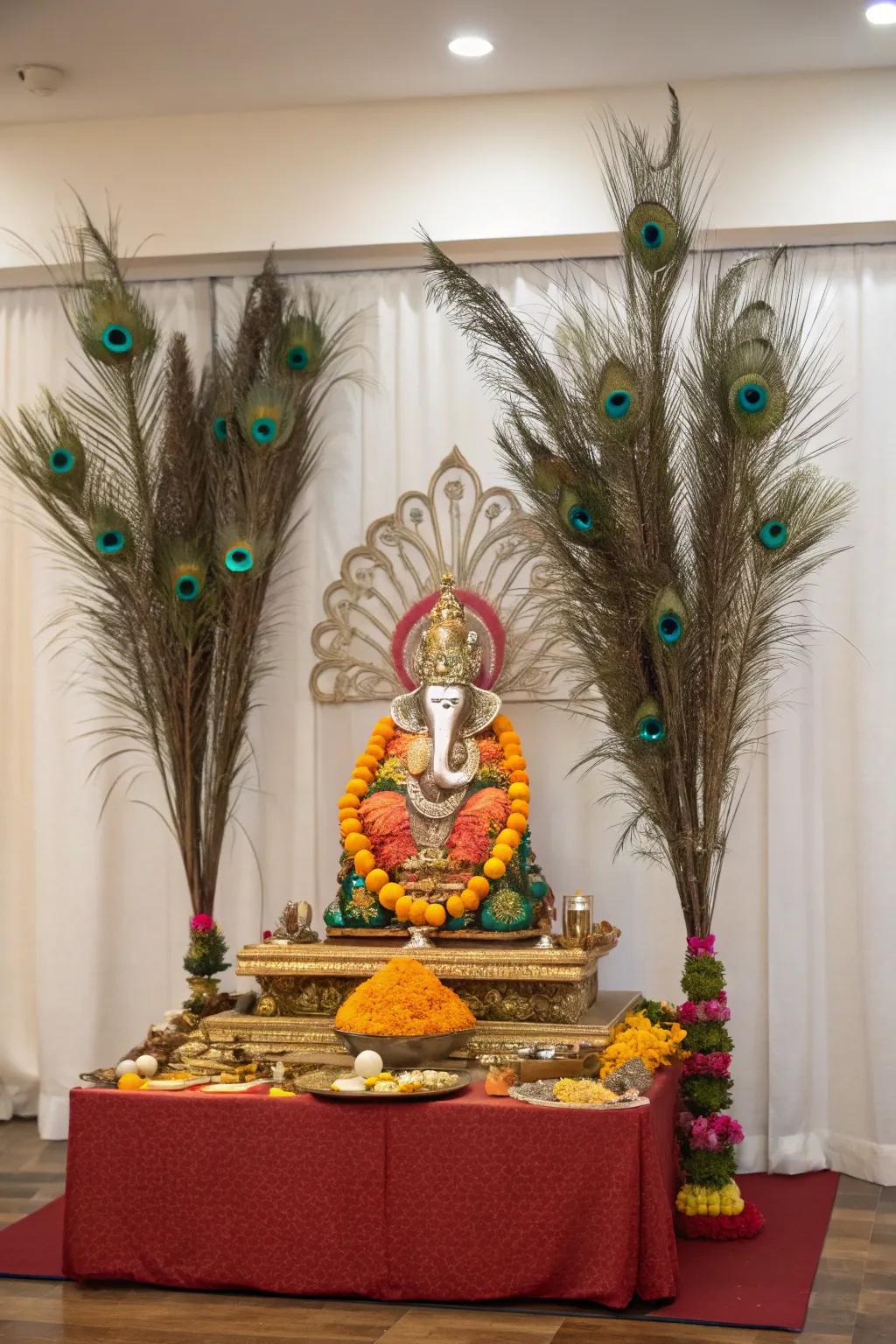 Peacock plumes adding a regal touch to the Ganpati decor.