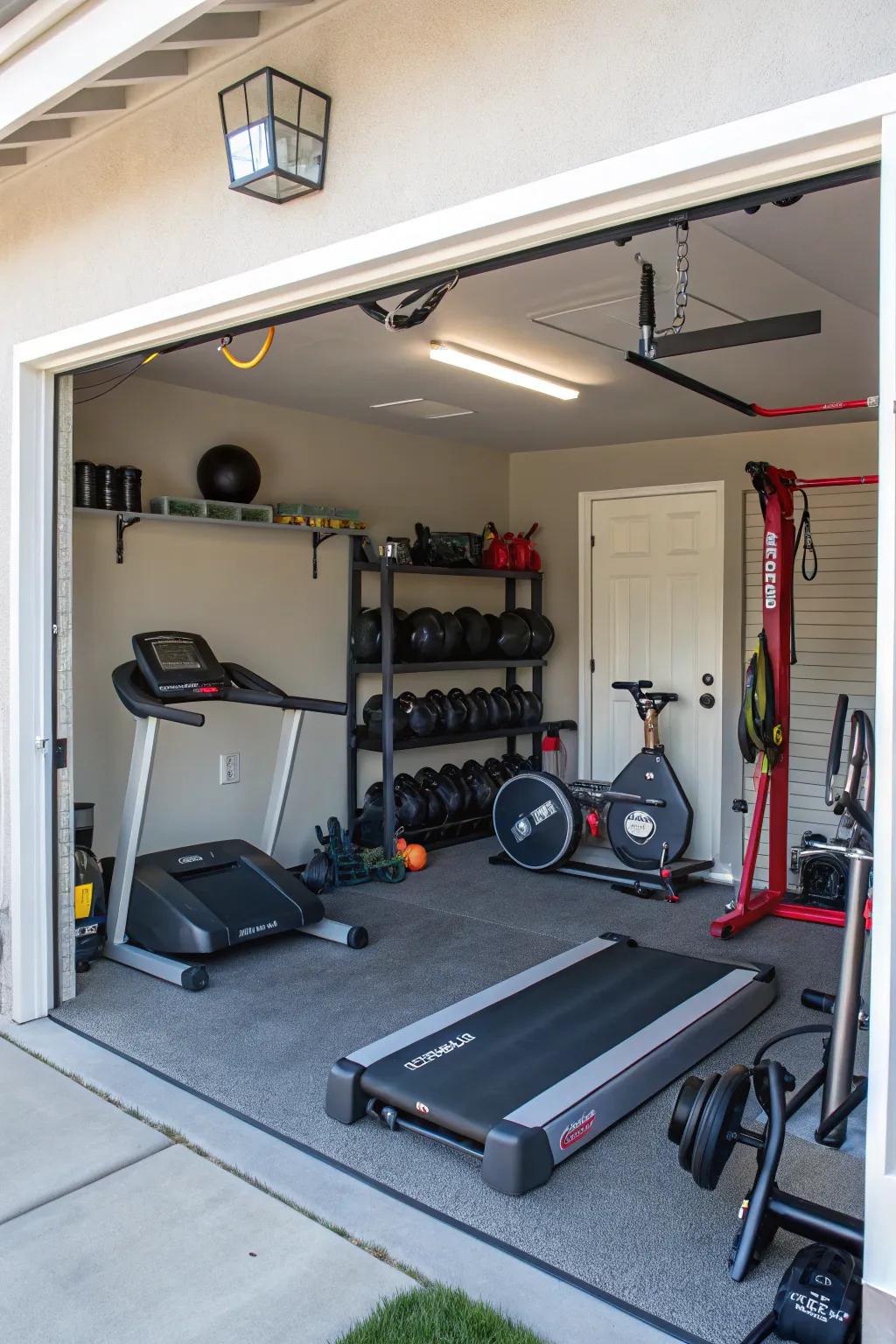 A home fitness studio smoothly incorporated into a garage.