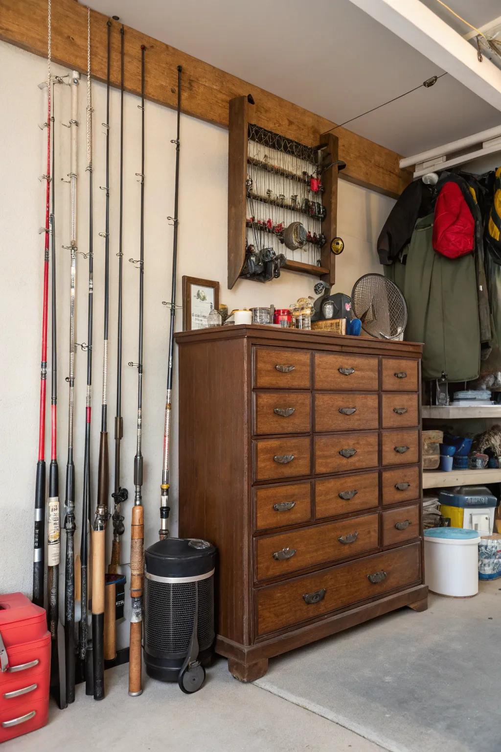 A vintage chest of drawers finds a new purpose as organized storage for fishing tackle in the garage.