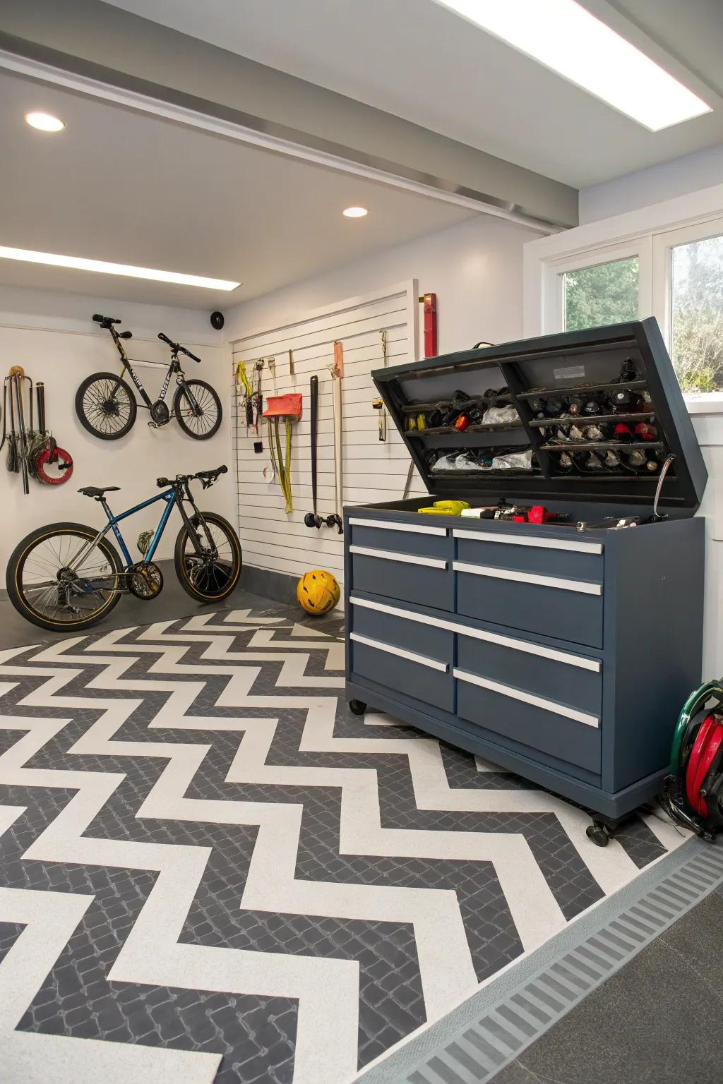Enlarge space through dynamic chevron patterns.
