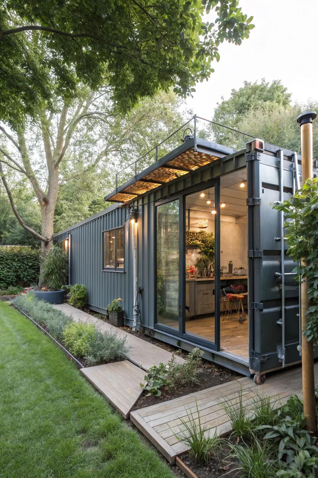 An industrial-style garden office inside a shipping container, offering durability and style.