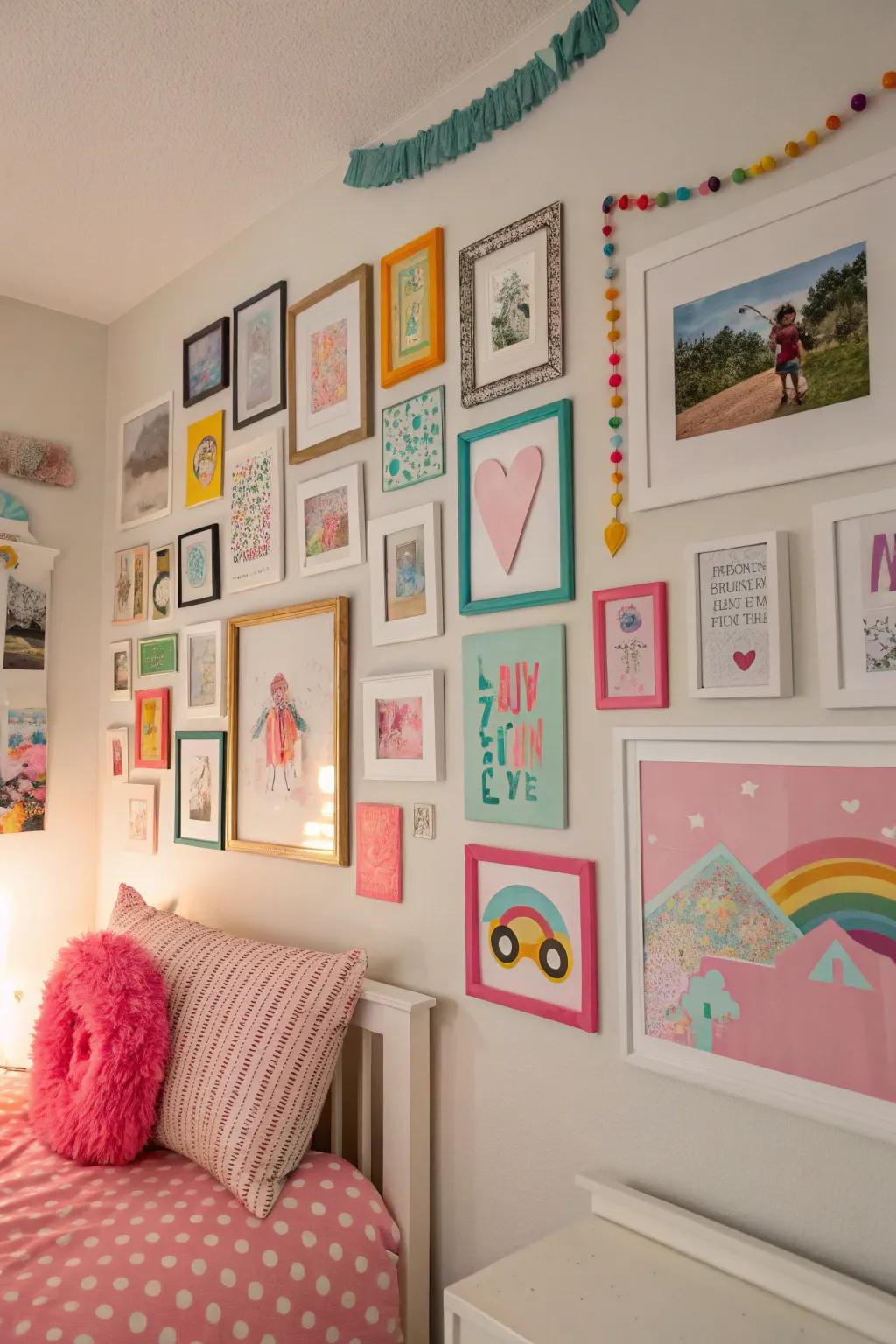 A wall-mounted display showcases spirited art and personal photos.