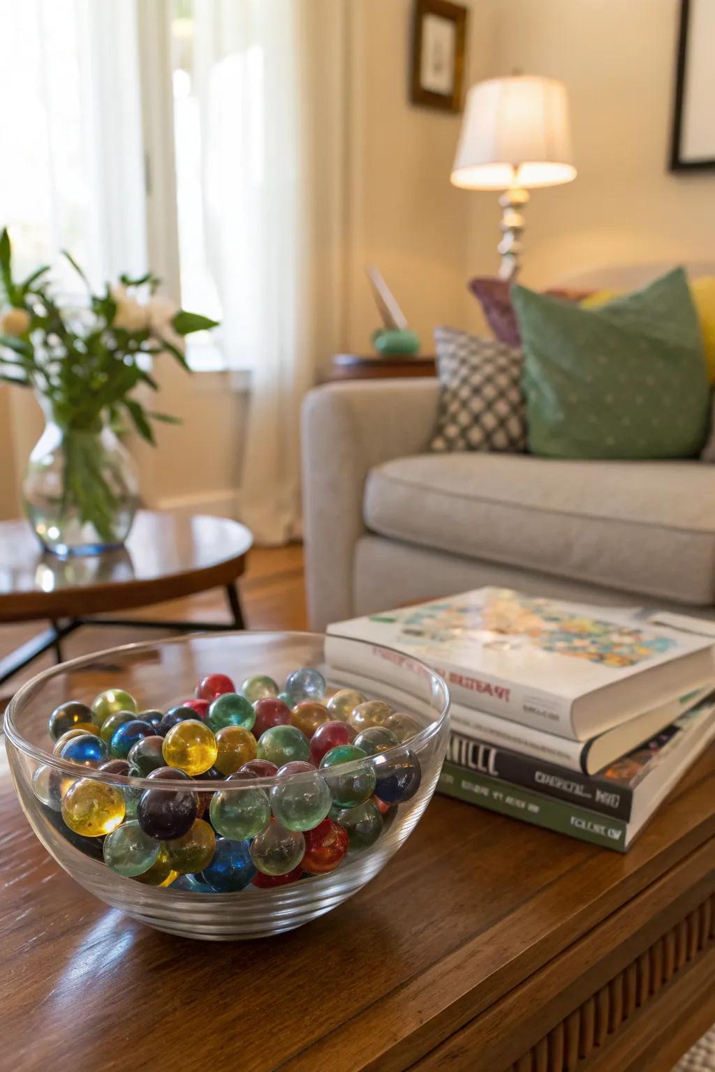 A vibrant and spirited presentation of spheres within a glass bowl.