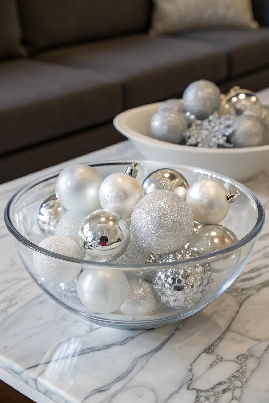 Refined glaciality, evidenced by pellucid ornaments nestled within a crystal vessel.