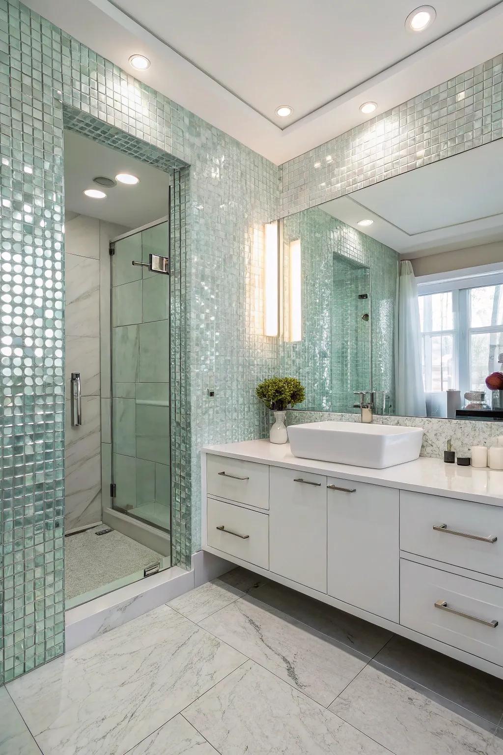 Floor-to-ceiling glass tiles infuse spectacle and refinement into any expanse.