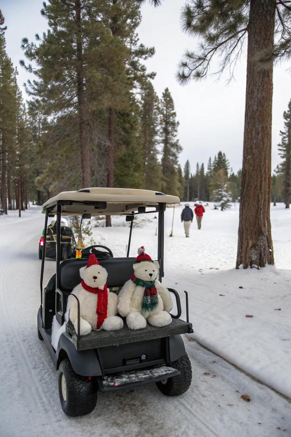 Polar bears contribute a whimsical element to this golf cart.