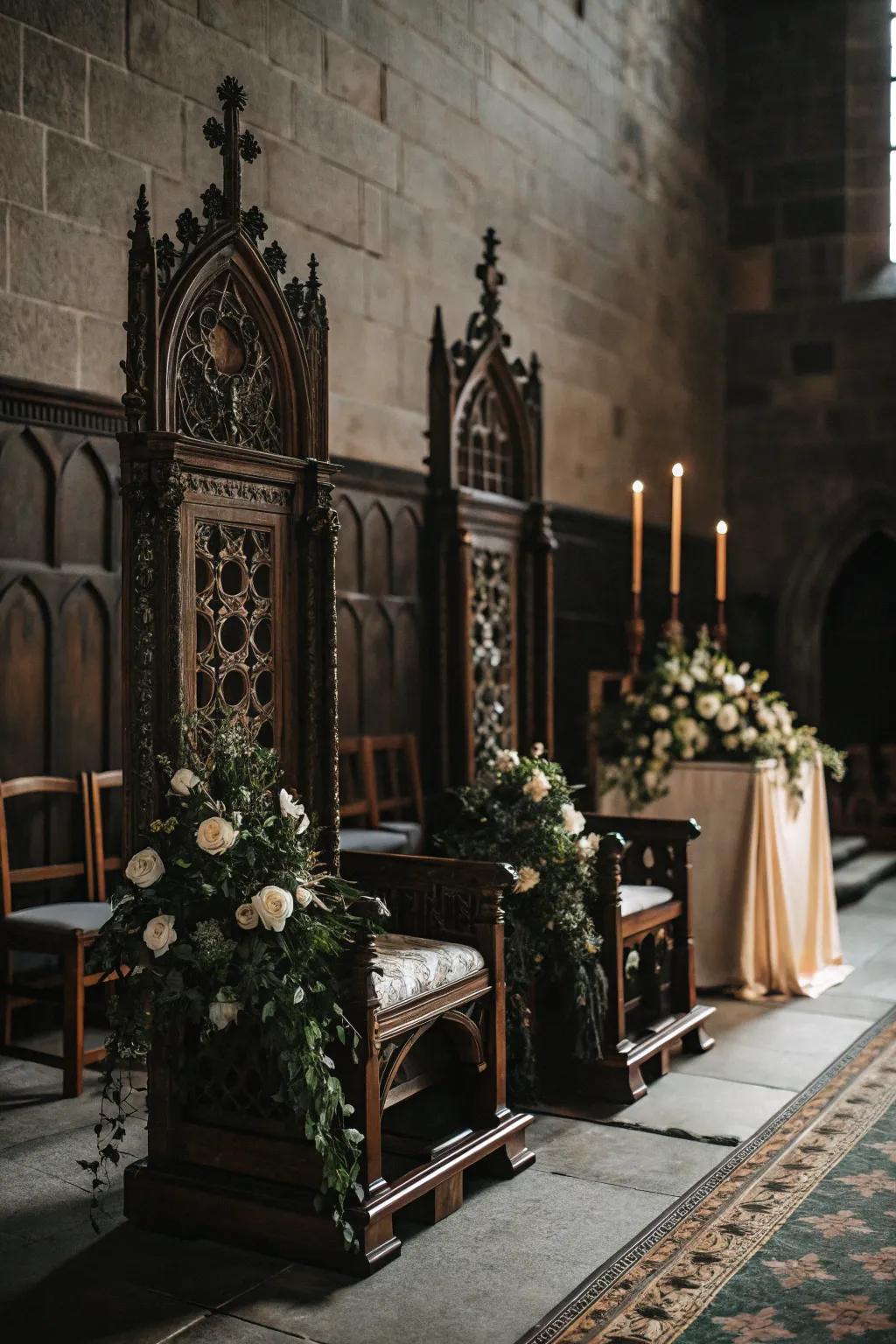 A Gothic wedding seating arrangement displaying vintage elaborate chairs.